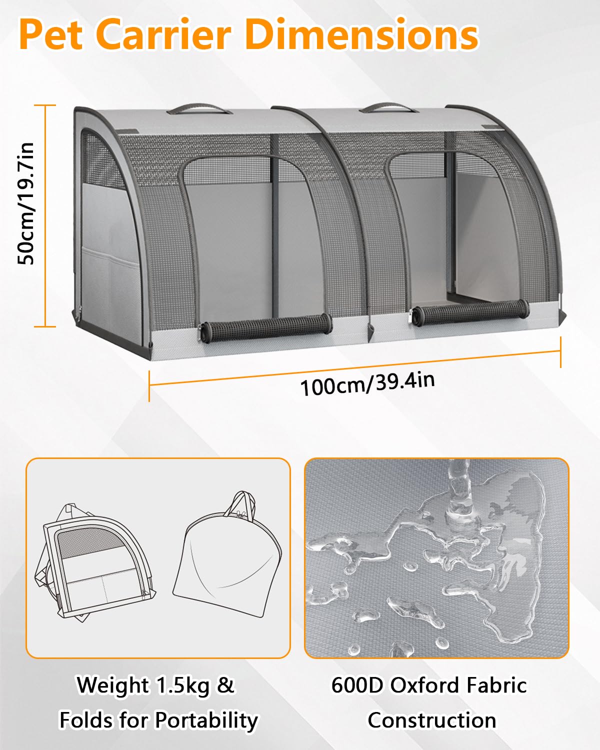 Transportín grande para mascotas, asiento plegable para 2 gatos, bolsa de transporte de viaje con malla transpirable, asa y 4 puertas, para asiento trasero y hogar, 100 x 50 x 50 cm