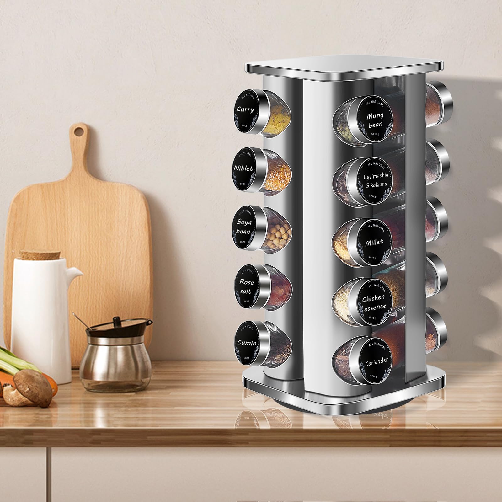 Especieros para Cocina Cuadrado con 20 Botes para Especias,Soportes para Botes de Especias Giratorio 360°-Tarro de Especias con Tapa de Acero Inoxidable,Especieros