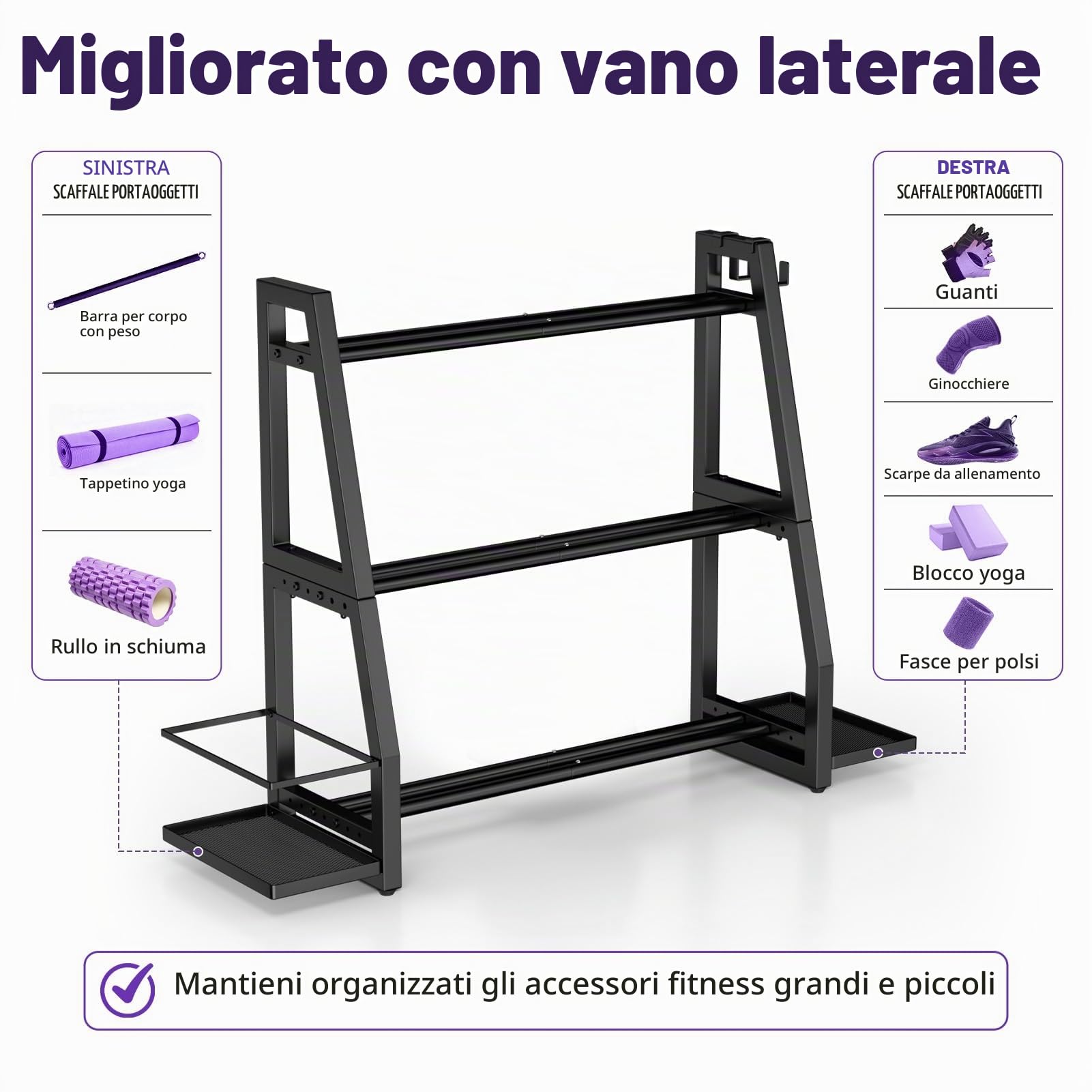 Supporto per manubri per palestra domestica con ripiano laterale