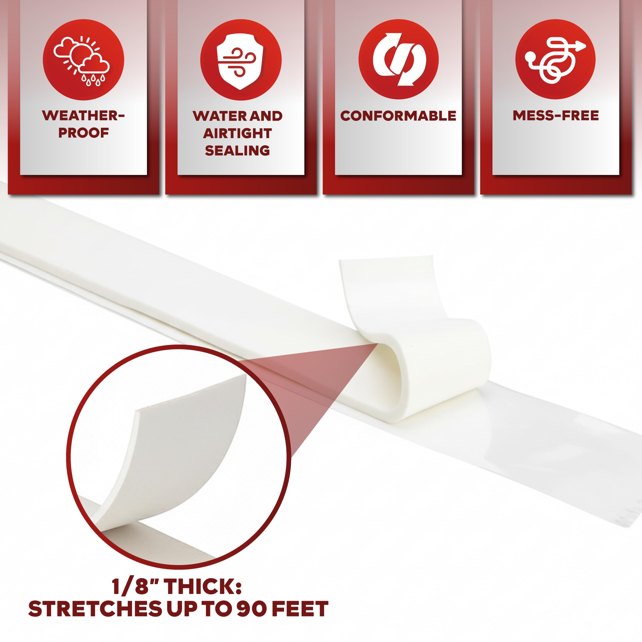 XFasten Cinta de sellado de butilo blanca – 1.5 pulgadas núcleo 1/8 pulgadas x 3/4 pulgadas x 45 pies, cinta de masilla de butilo EDPM, amortiguador de sonido, cinta de butilo automotriz RV, sellador