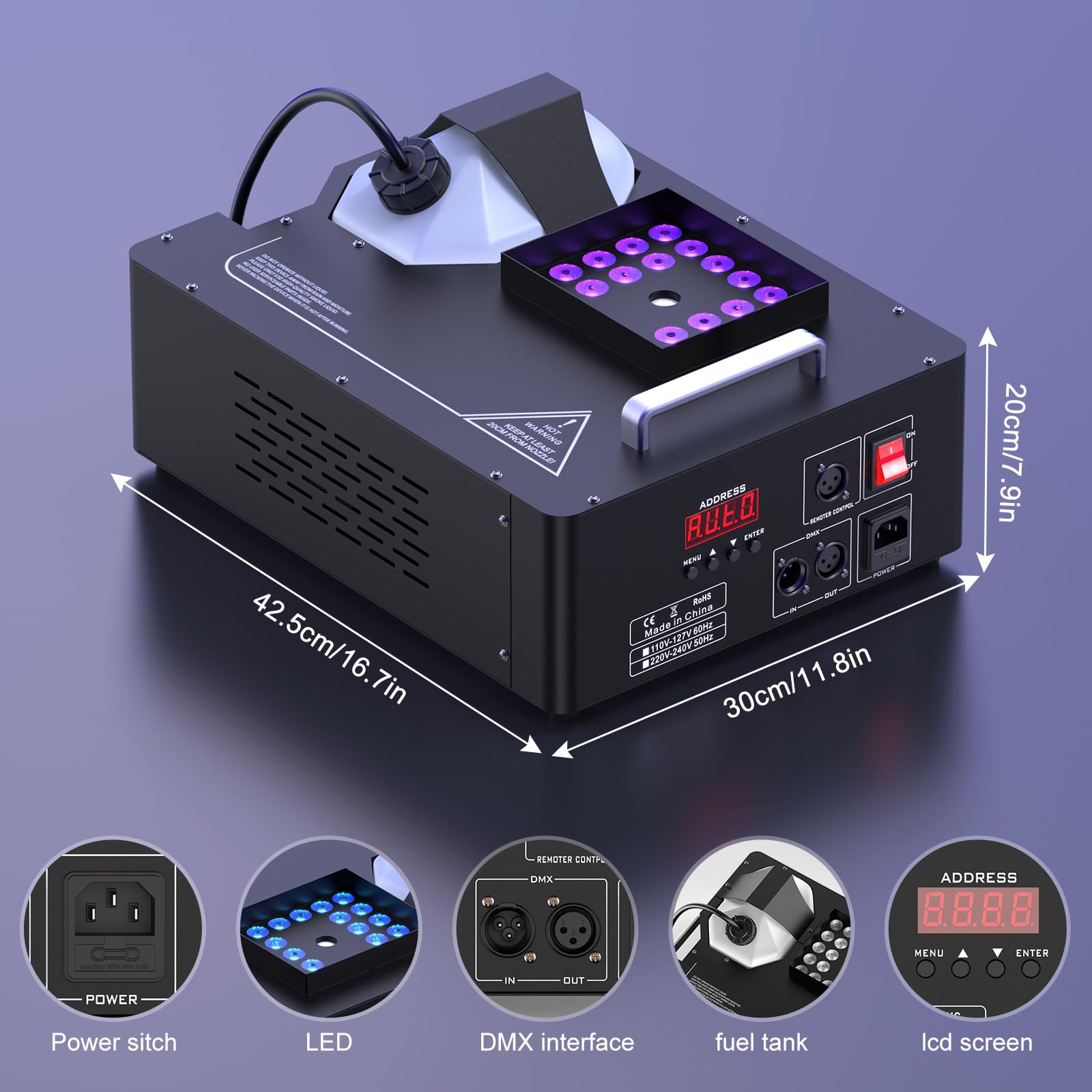 Fog Machine 1500W with Upgraded 24 RGB LED Stage DJ Party Lights,Vertical Smoke Machine DMX & Manual Control for Wedding Halloween Christmas Party Stage Effect Outdoor Indoor