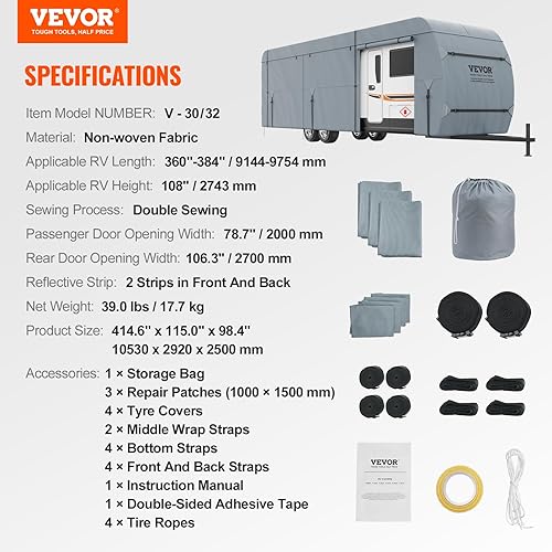 Miniatura 7 de VEVOR Funda para remolque de viaje, cubierta de caravana de 30 a 32 pies, cubierta de tela no tejida de 4 capas, impermeable, resistente al viento y