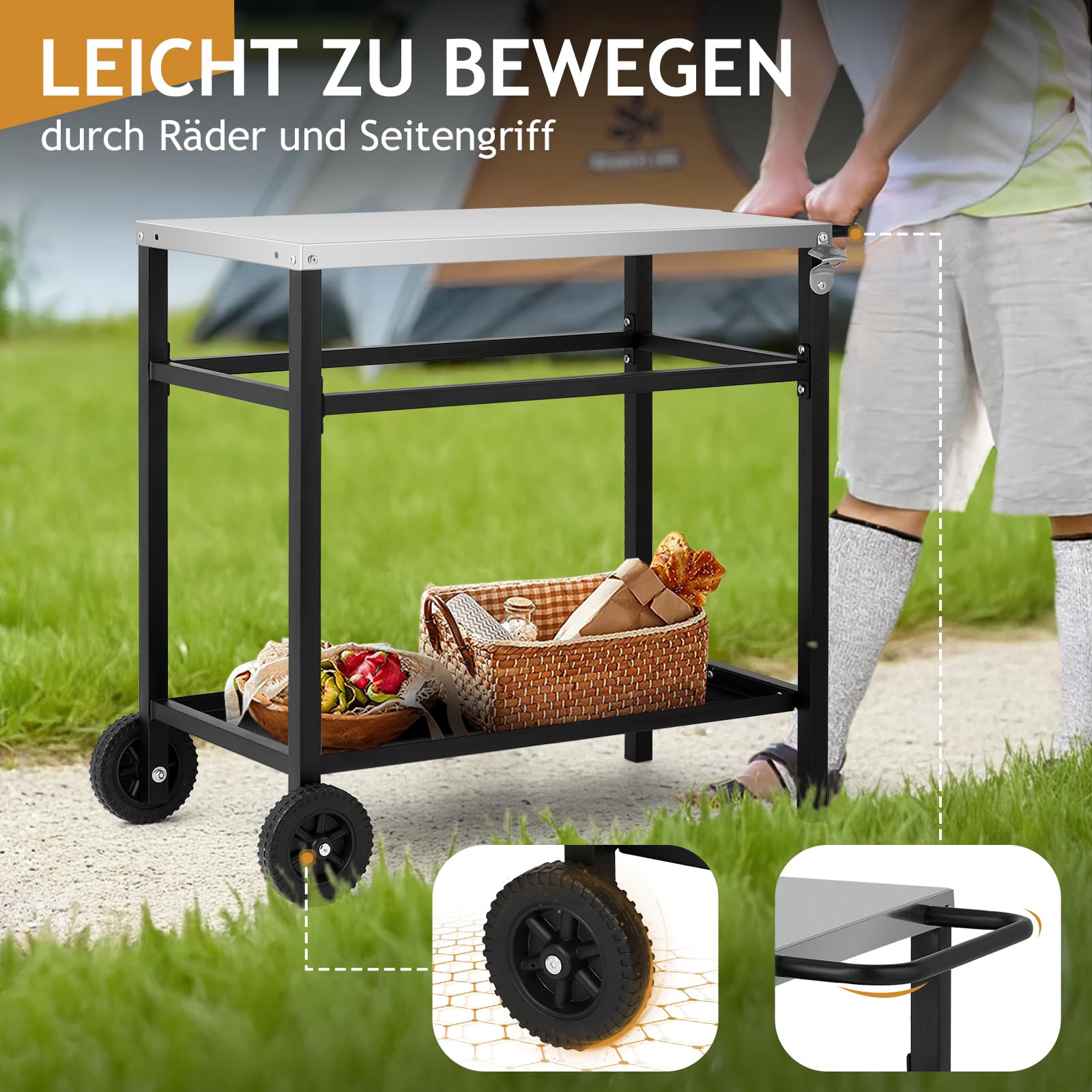 LEADZM Grillwagen - Grilltisch Outdoor, 95 x 45 x 83 cm, Schreibtisch aus Edelstahl Silber, Mit Rädern, mobil, Servierwagen für Gärten Schwarz
