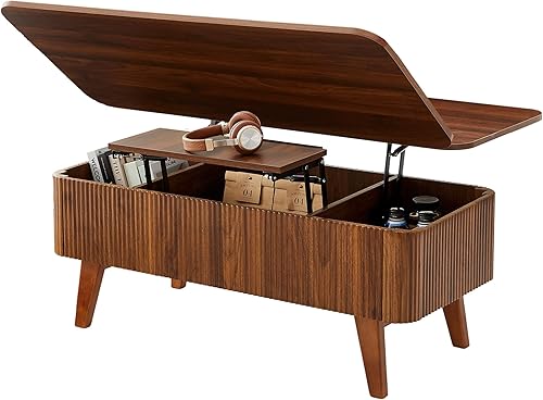 Miniatura 9 de Mesa de centro elevable 3 en 1, mesas de centro convertibles acanaladas que se convierten en mesas de comedor, moderna mesa central de madera