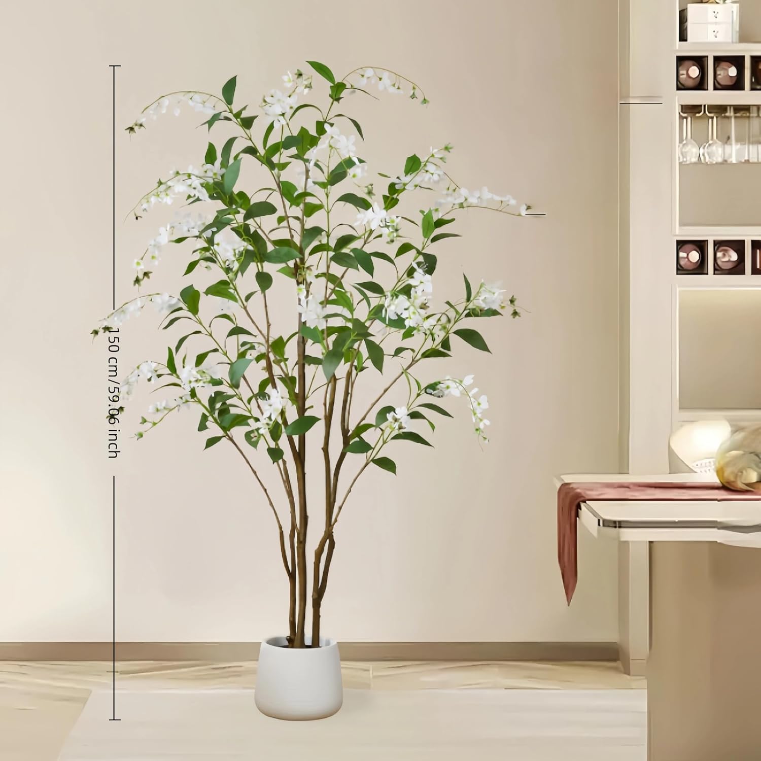 Artificial Jasmine Tree, 5ft Tall Faux Tree Potted Clerodendrum Tree with Natural Branches and Realistic Leaves Artificial Plants Indoor for Home Office Decor，Lifelike Fake Plants