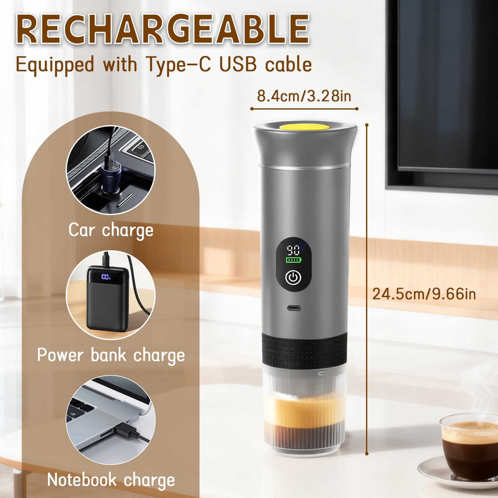 Cafetera espresso portátil compatible, mini cafetera 3 en 1 con batería | con cápsulas grandes, cápsulas pequeñas y café en polvo, calentamiento rápido, cafetera automática con pantalla