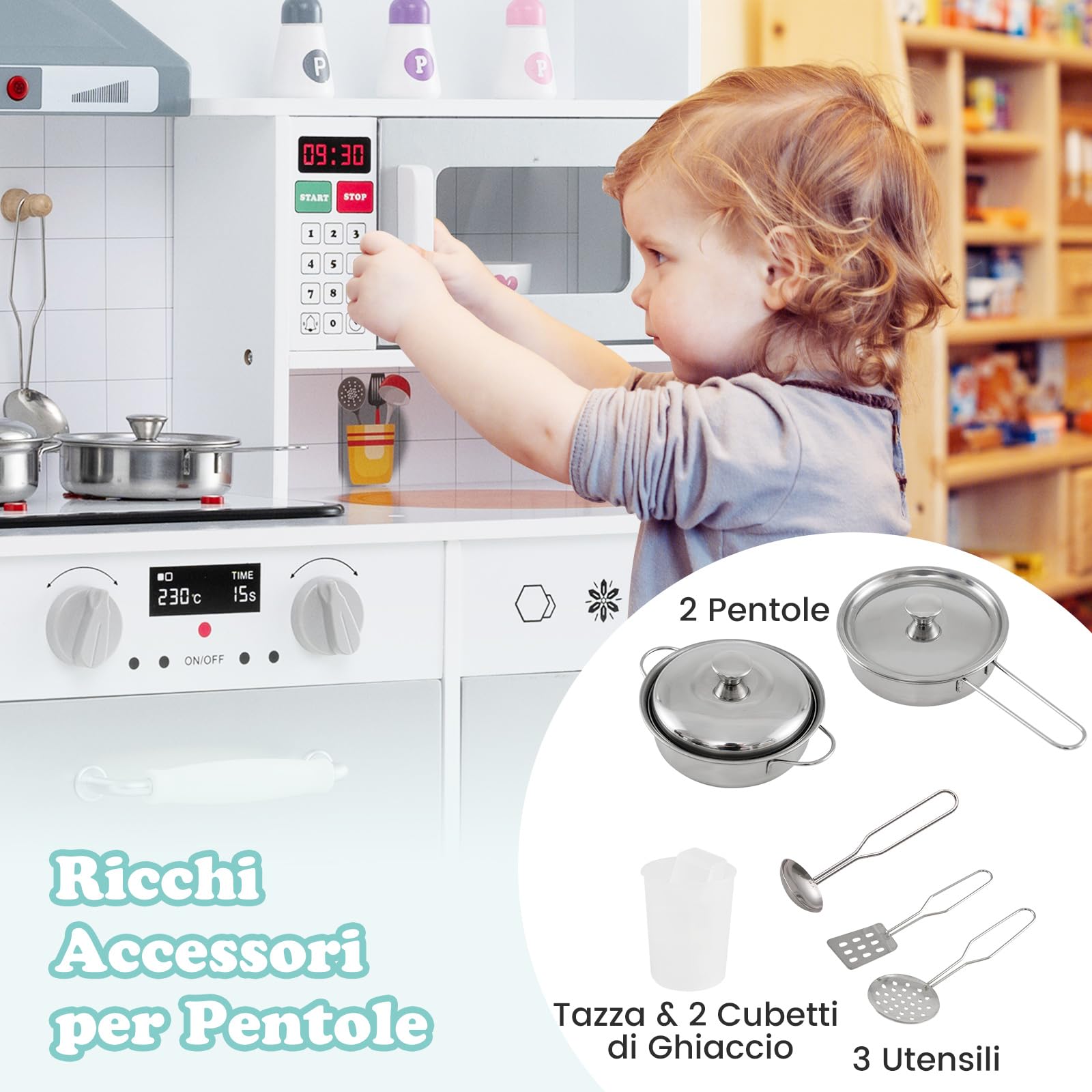 RELAX4LIFE 3 IN 1 Cucina Giocattolo per Bambini, Mini Cucina in Legno, Suoni e Luci Realistici, Cucina Giocattolo con Lavello, Fornelli, Frigorifero, per Bambini 3+ Anni (Grigio)