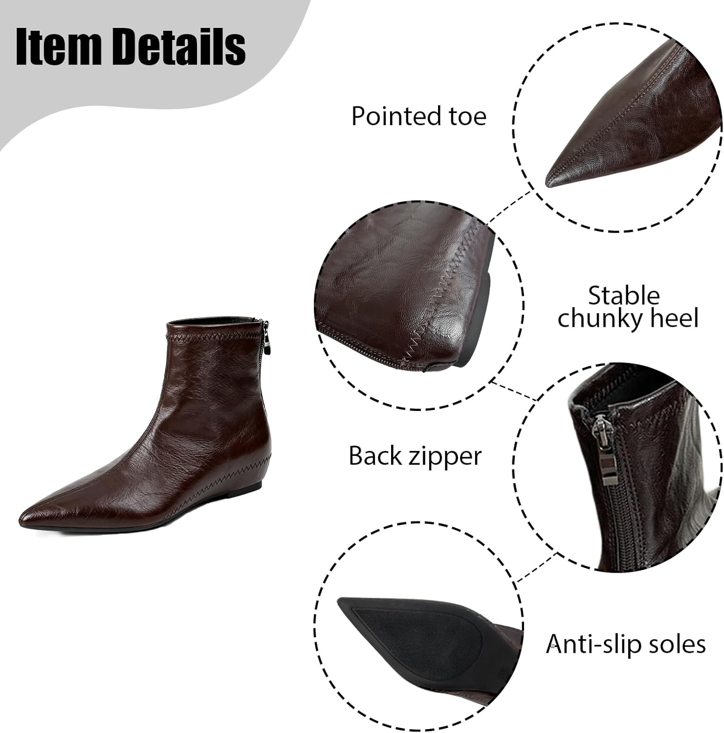 Women's Leather Fall Flat Chelsea Ankle Boots Sexy Pointed-toed Back Zipper Comfortable Internal Height Increase Dress Short Booties for Casual Party Dating - Image 6