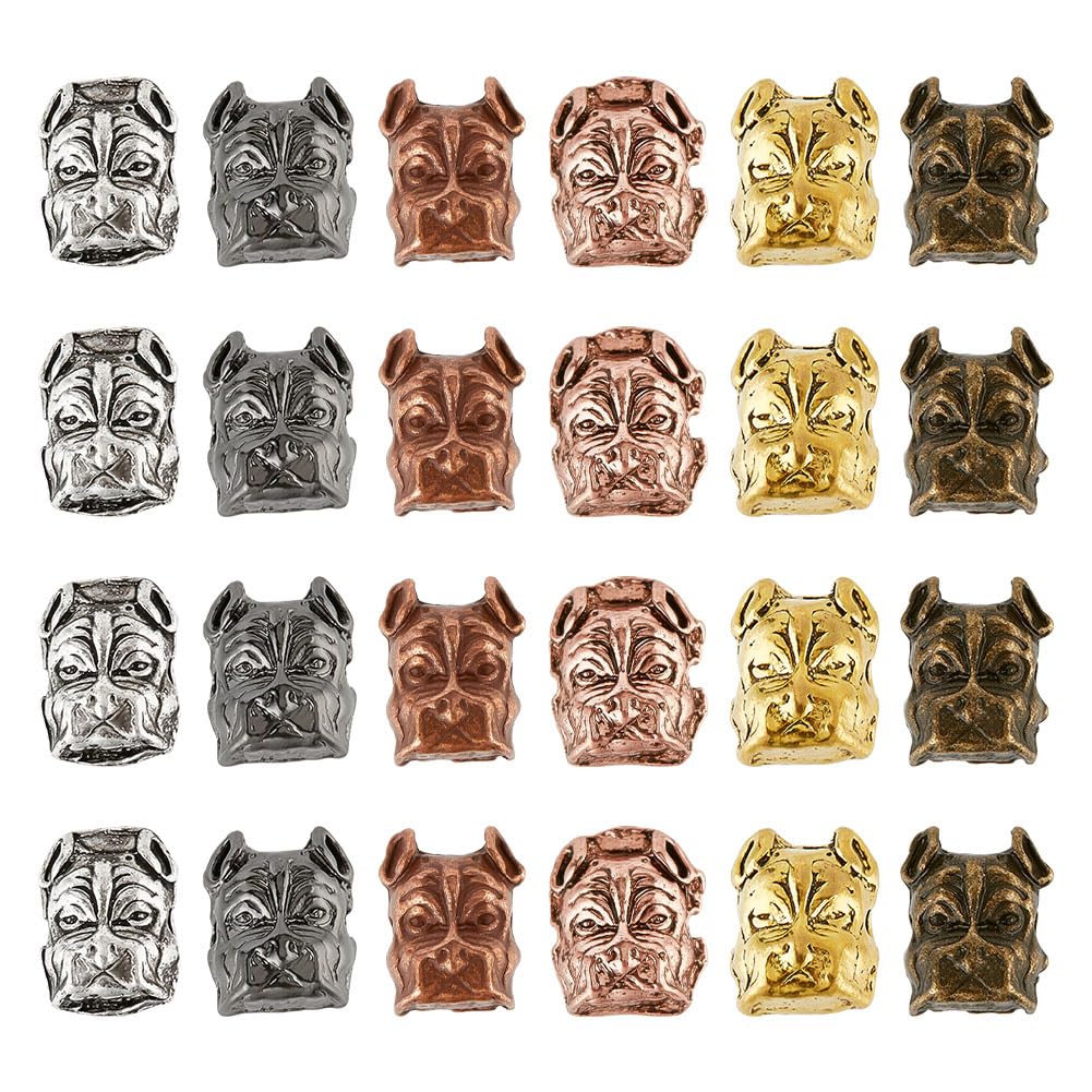 DELORIGIN 24pcs Dog Head Beads for Bracelets,6 Colors Alloy Puppy Beads 1.6mm Hole Bulldog Beads Charms Pet Head Bead Spacer Beads Antique European Charm for Bracelet Necklace Jewelry Making