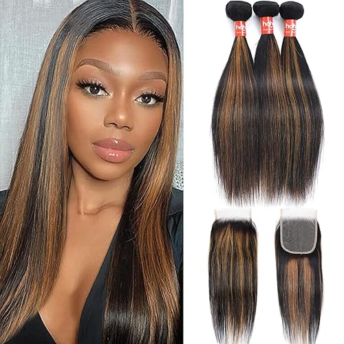 Extensiones de cabello humano marrón con reflejos de Haha con cierre, extensiones lisas con cierre ombre, extensiones de cabello humano con cierre
