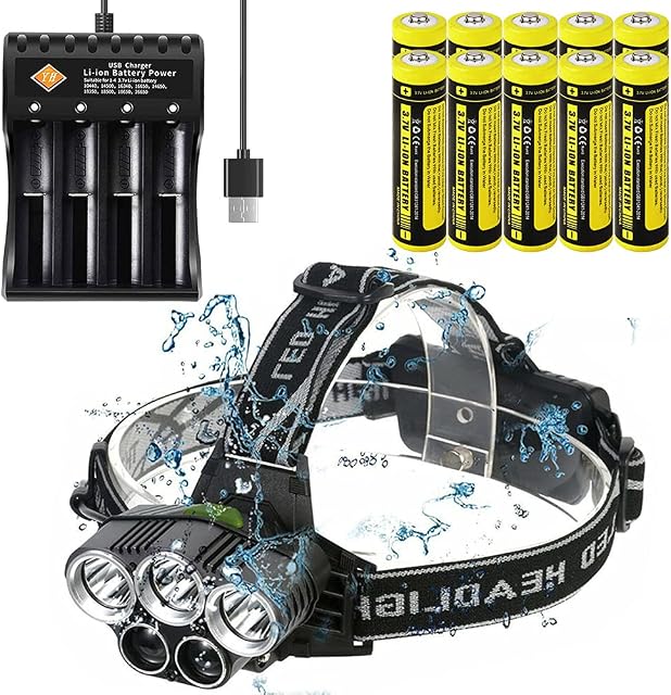 VISVIC USB Adjustable Head Torch, USB Rechargeable, 6 Modes and Adjustable Head Torch, with 10 Pack Rechargeable Battery and 4-Slot USB Charger, Perfect for Camping, Hiking