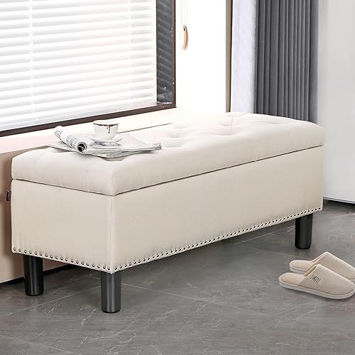 Furnimart Banco otomano de almacenamiento de 42.5 pulgadas, banco de almacenamiento tapizado para dormitorio, entrada, sala de estar, lino copetudo