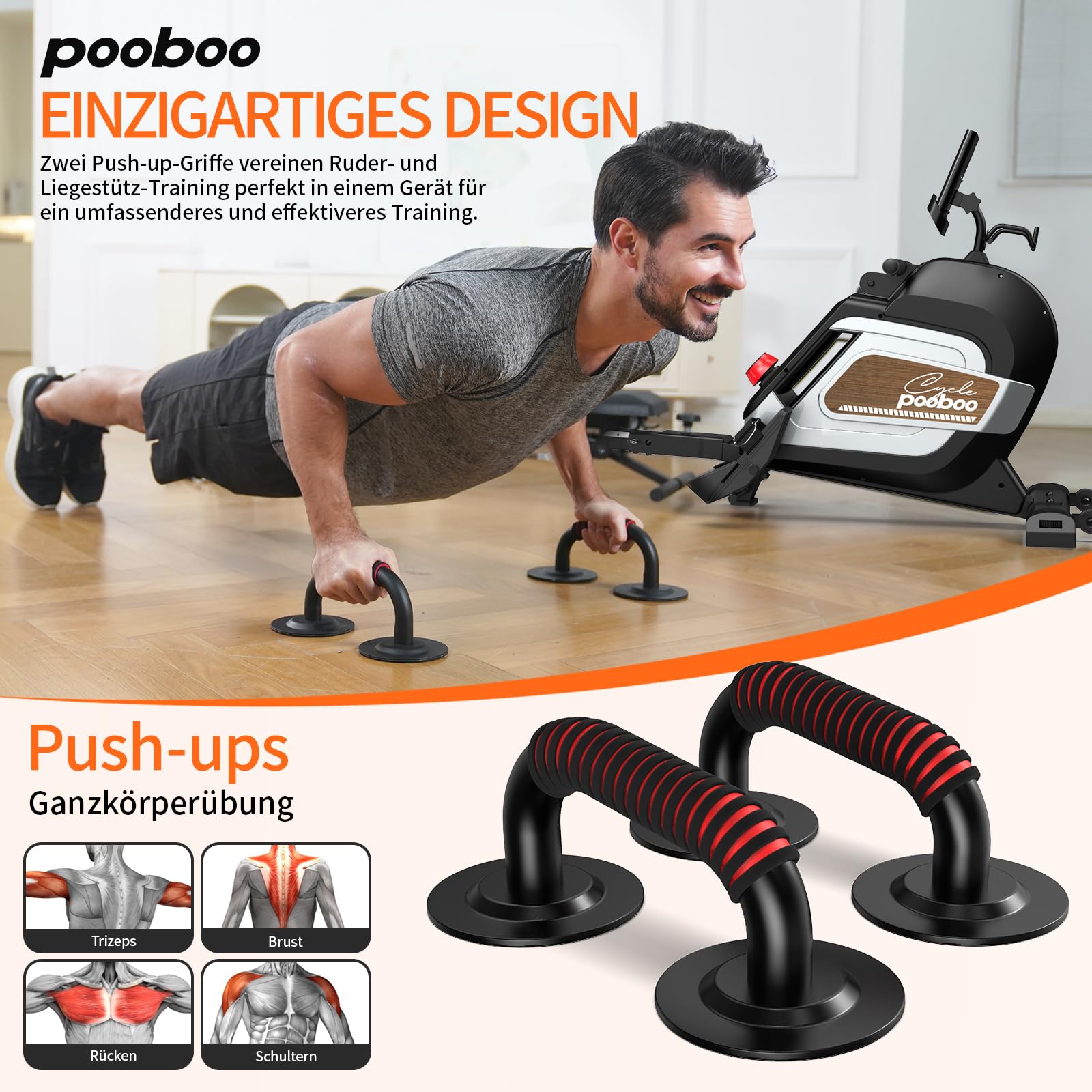 pooboo Magnetisches Rudergerät, Rudergerät für Zuhause mit Kombinationskraftübung, Leises Magnetrudergerät mit 14 Widerstandsstufen, Tablet-Halterung, klappbarer Ruderer für Heimgebrauch, Bis 163,3 kg