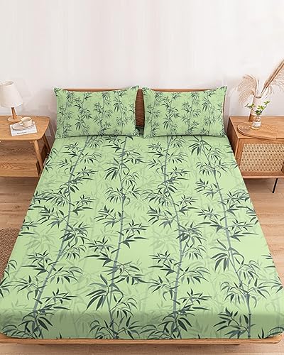 Sábanas bajeras de bambú chino con diseño de plantas forestales, tamaño California King, con bolsillos profundos de 5 a 16 pulgadas, juego de