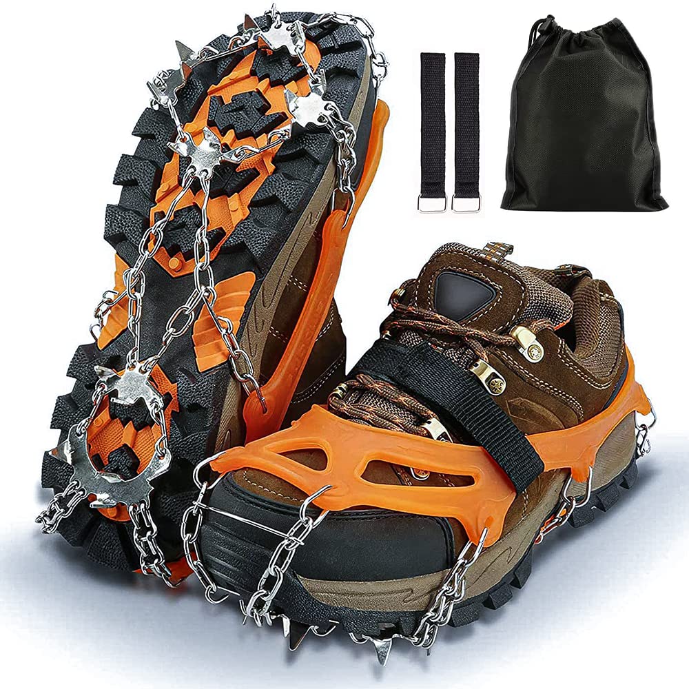 EZGETOPUniversal Crampons with 24 Stainless Steel Teeth and Silicone Band, Shoe Spike for Mountaineering, Ice Cleats and Perfect Non-Slip for Shoes