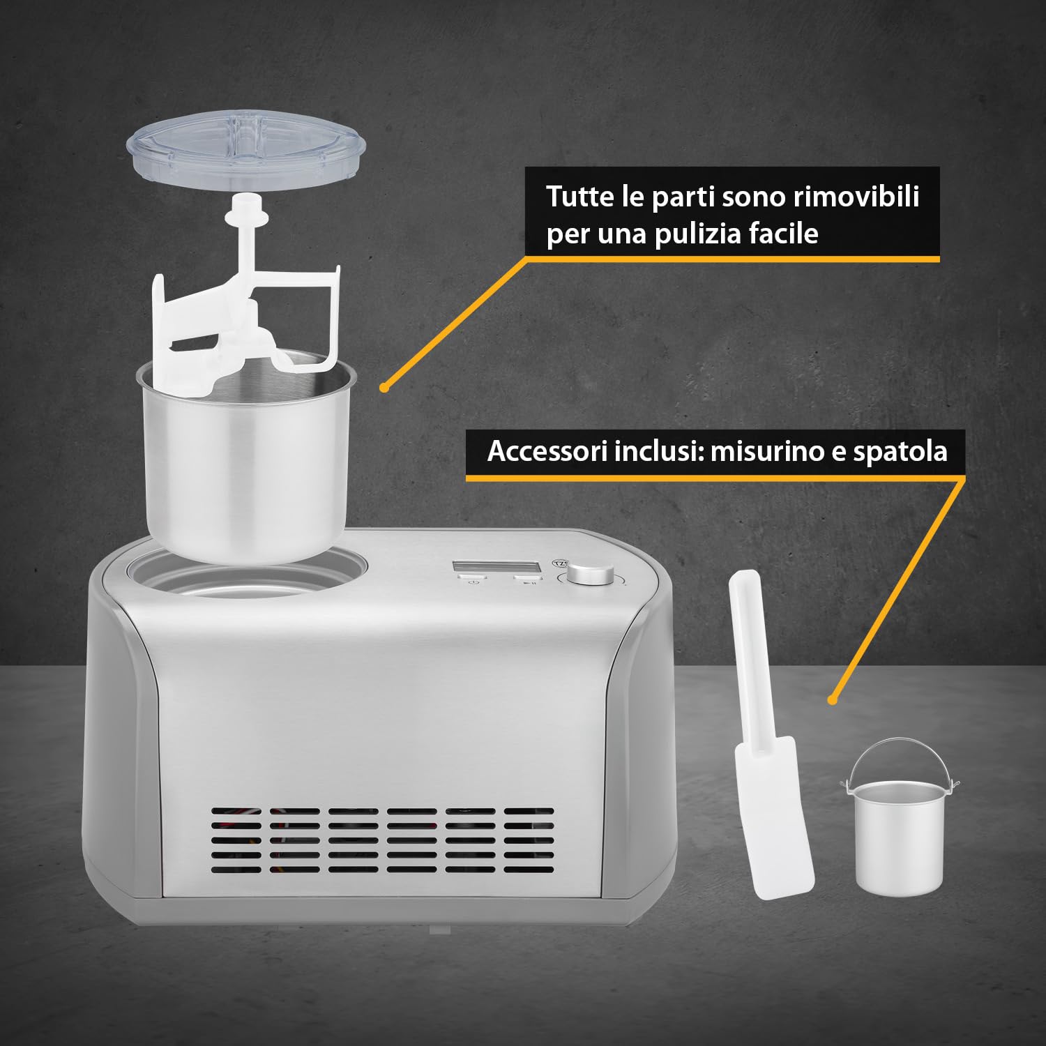 TZS First Austria Macchina per Gelato 1,2L - 135W - Compressore e Funzione Raffreddamento - Gelatiera per Gelato, Sorbetto o Frozen Yogurt - Cestello in Acciaio Inox - Grigio