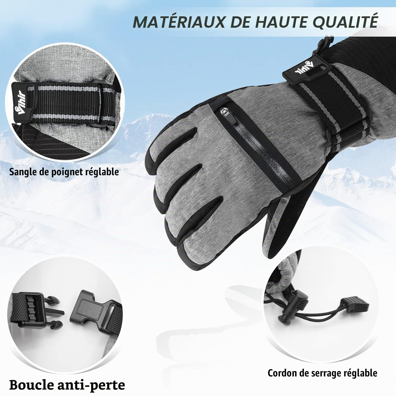 Vihir Gants de Ski d'hiver pour Homme et Femme, Gants Thermiques 3M Imperméables, Gants de Cyclisme Chauds, Vent Respirant Antidérapant Idéal pour Ski Snowboard Course Cyclisme