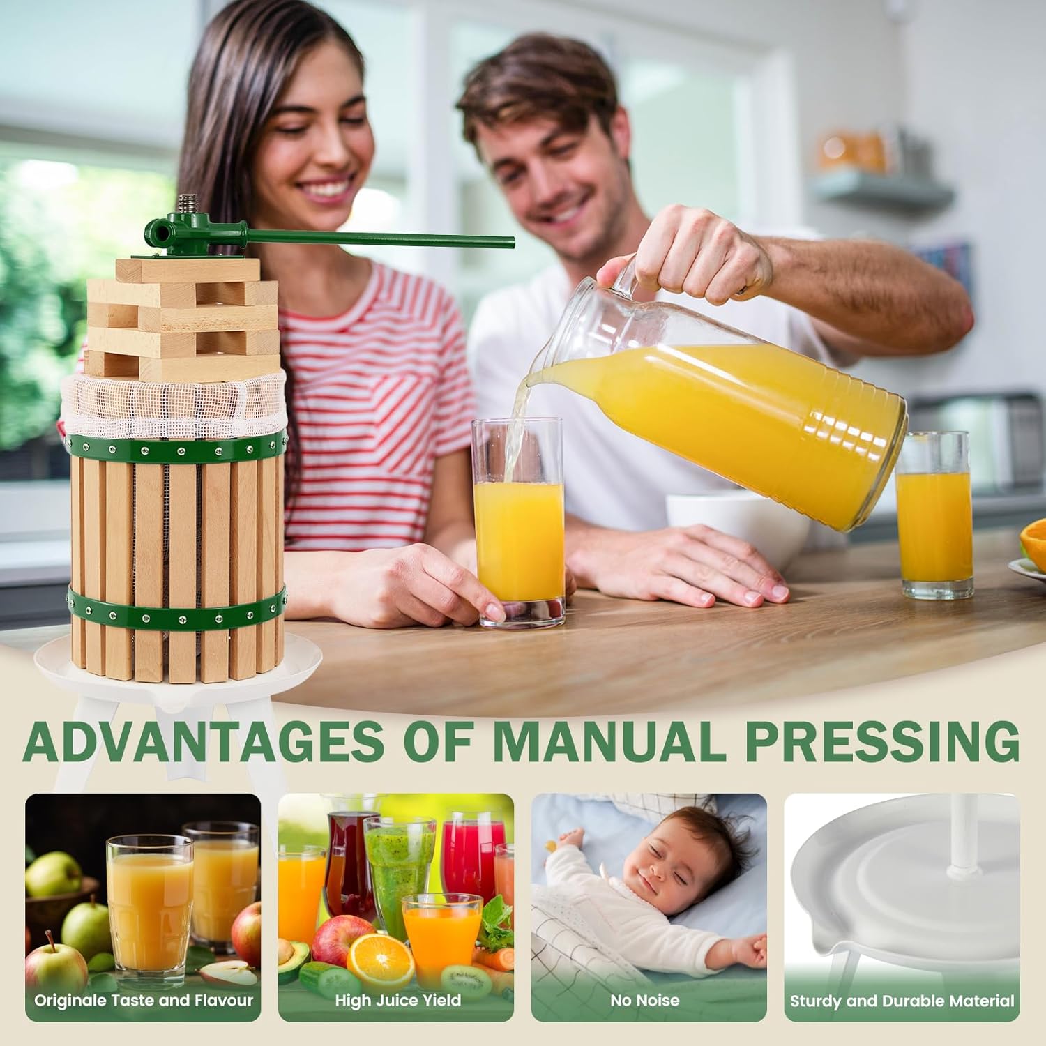 CAELUM Fruit Wine Press 4.75 Gallon, Apple & Grape & Berries Crusher Manual Juicer, 18 Liter Solid Wood Basket with 8 Blocks, Heavy Duty Cider Wine Making Press for Kitchen（Green）