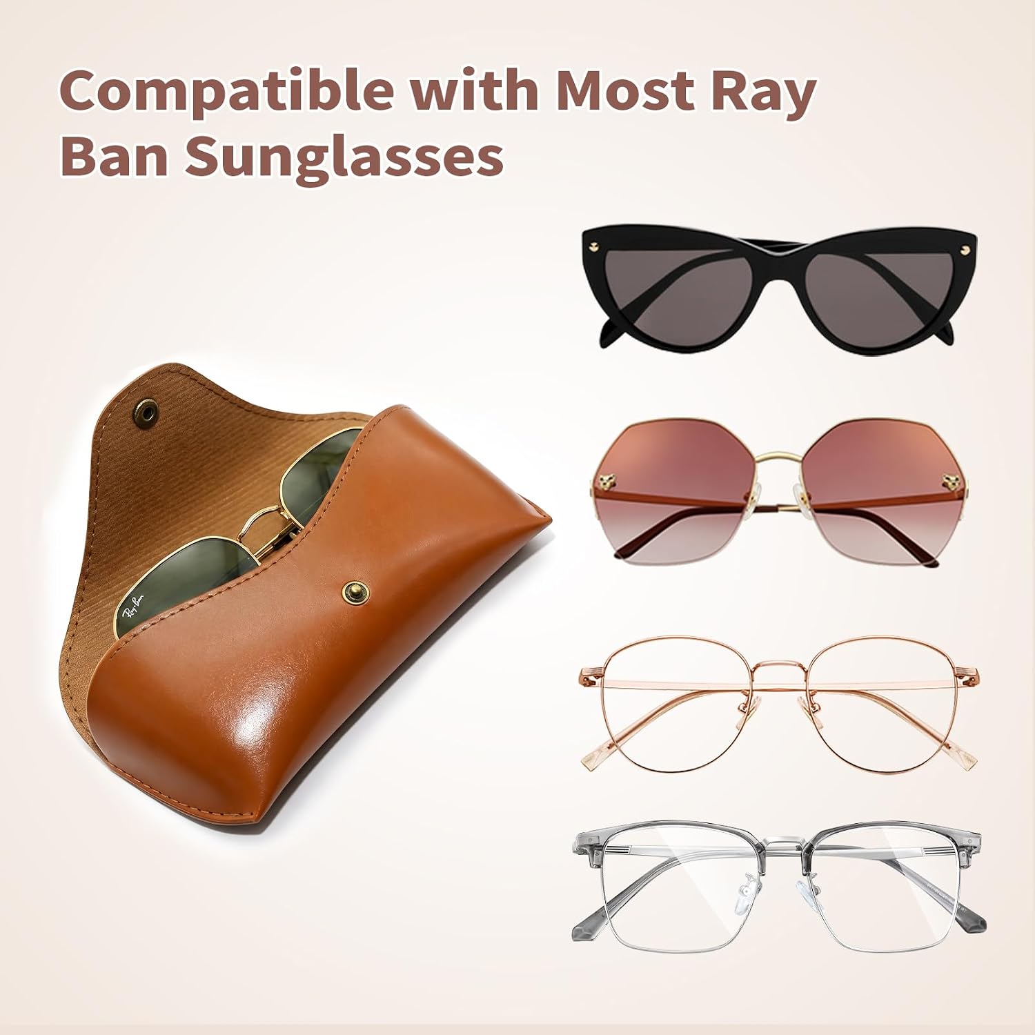 Sunglasses Case Compatible with Ray-Ban,Brown Leather | Eyeglass Case for Ray-Ban Meta Smart Glasses,with Microfiber Eyeglass Cloth