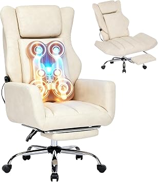 Kneading Massage Office Chair Flip-up Armrest for Home/Office | Beige Leather,Footrest,Criss Cross,Swivel,Ergonomic,Lumbar Support, Adjustable Big and Tall Executive Desk Chair Gaming