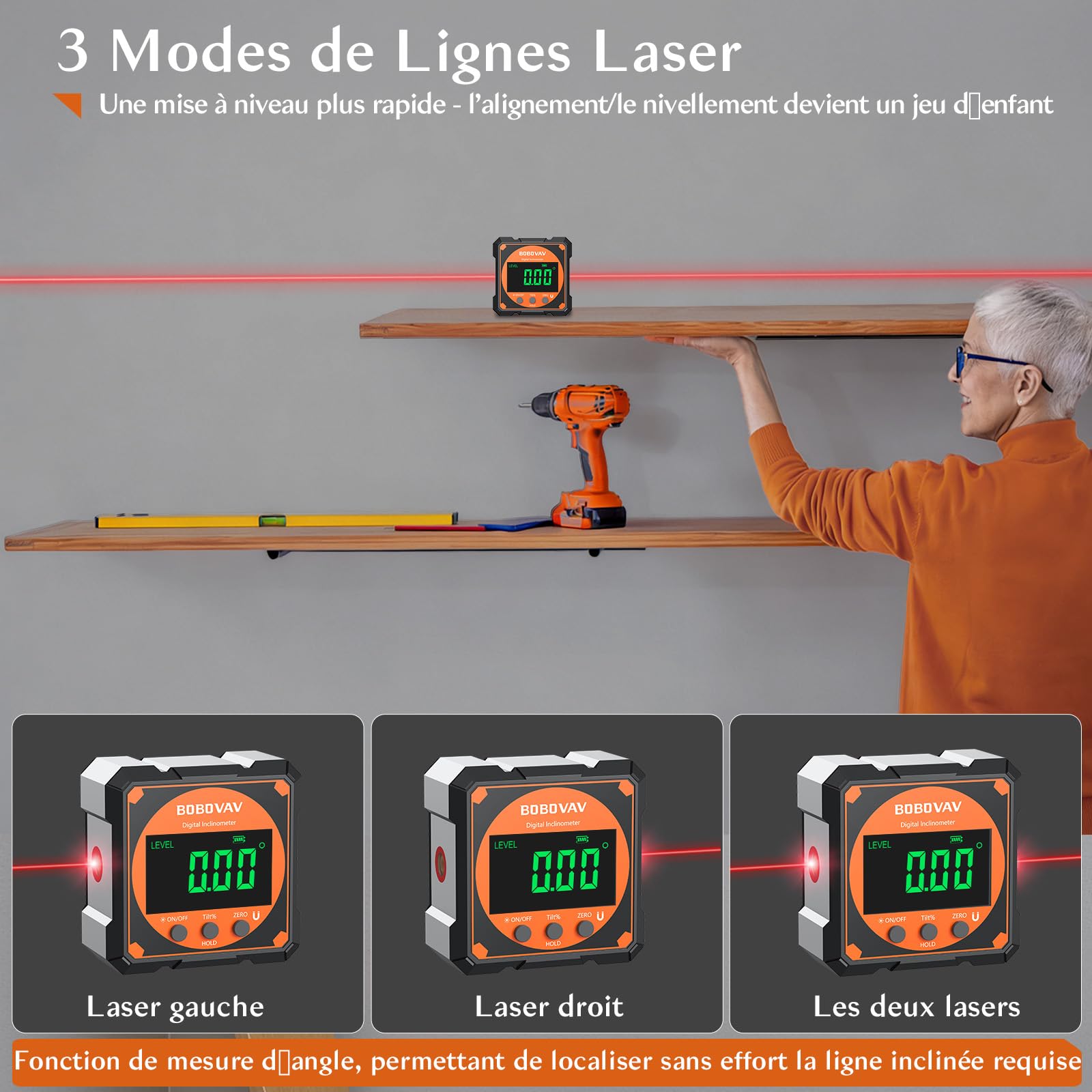 4 * 90°Inclinomètre Numérique Rechargeable avec 2 Laser,0.05°Rapporteur d'Angle Digital 4 Faces Magnétiques,Niveau Électronique Étanche IP54 avec LCD VA,pour Menuiserie,Charpente & Bricolage