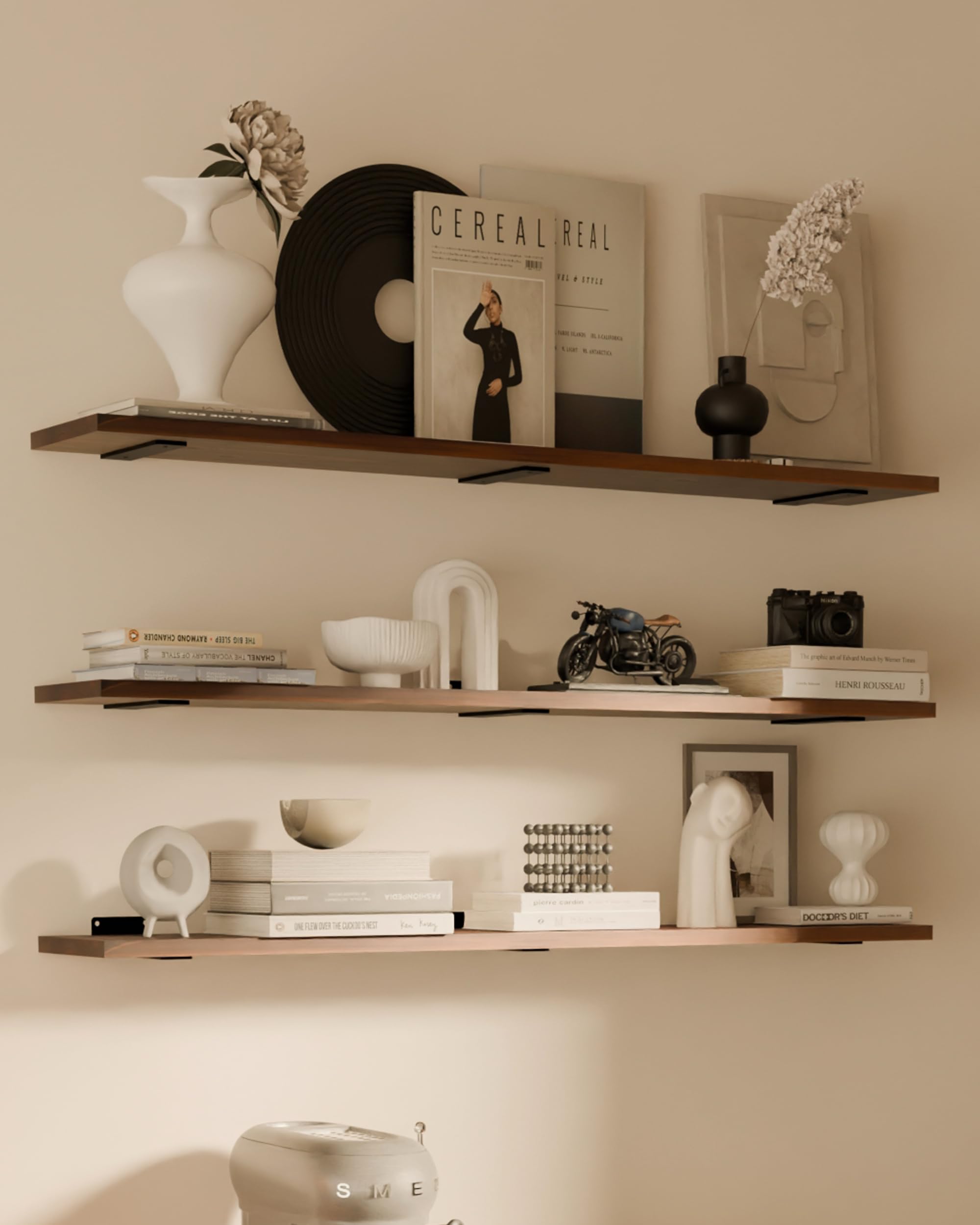 Rustic Wood Floating Shelves Set of 3, 48Inches Wood Rustic Farmhouse Wall Shelves, Easy-to-Install Hanging Shelves for Living Room, Kitchen, and Bathroom, 100bs Capacity. (Walnut, 3T48IN)