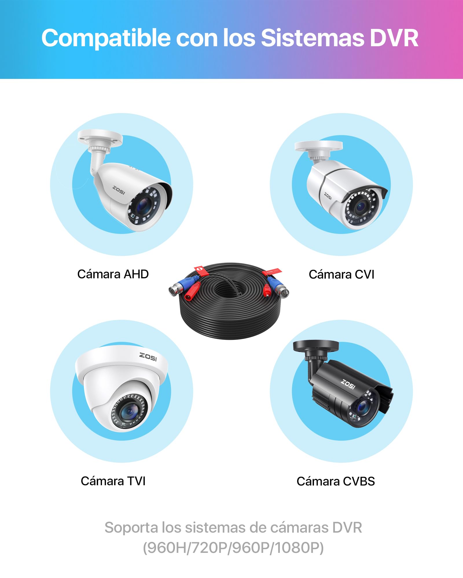 ZOSI Cable de Video y Alimentación 30 M /100 Pies BNC Extensión para CCTV Kit Cámaras Vigilancia Seguridad DVR de 960H/720P/960P/1080P (4 Pack Negro)