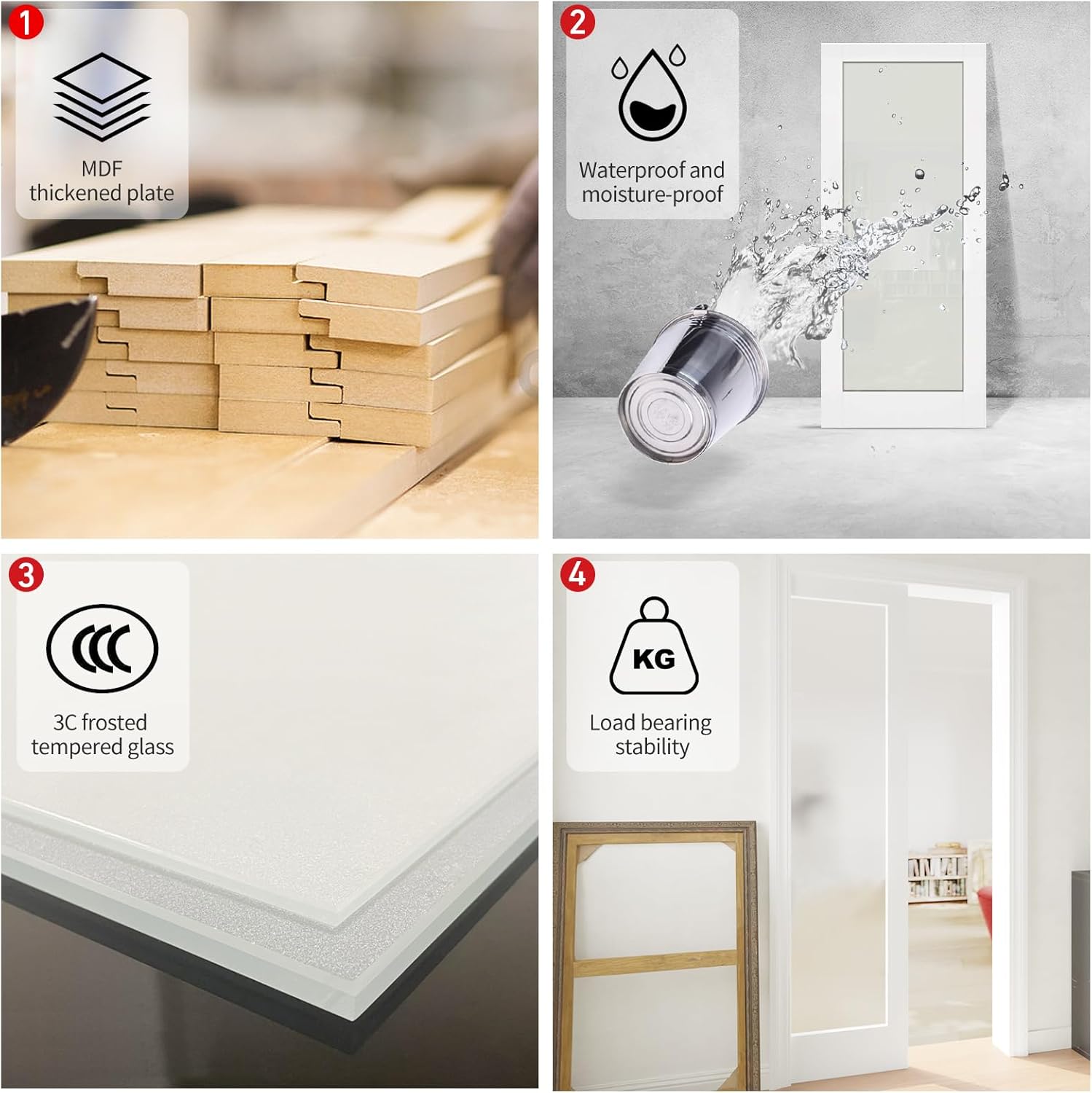 Four panels showing features: MDF material, waterproof, 3C frosted tempered glass, and load-bearing stability.
