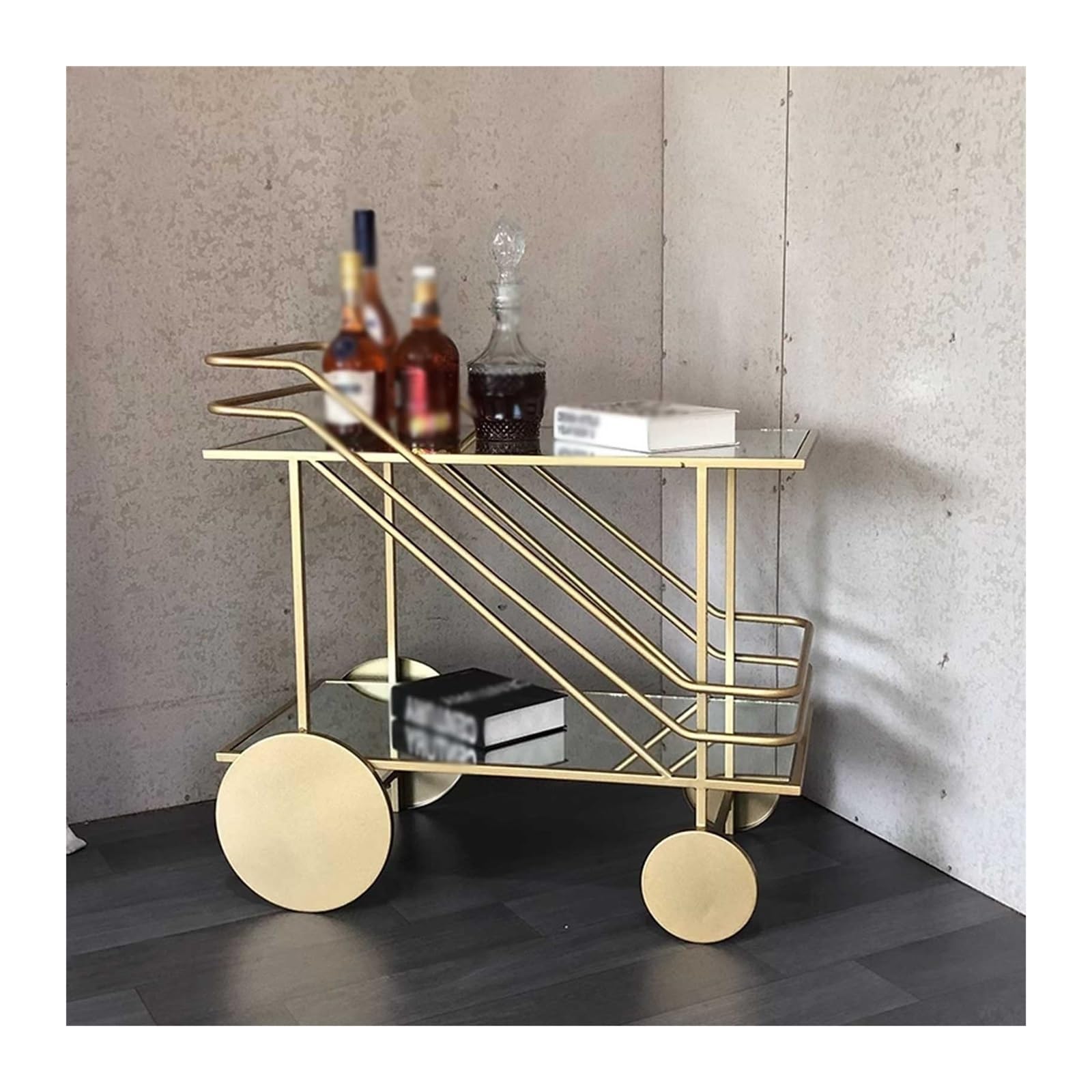 Rollwagen Bar- und Servierwagen, moderner rollender, 2-stufige Küchen-Barwageninsel aus Glas Metall mit Rädern, bewegliches Aufbewahrungsregal for Kaffee-/Weininsel(Gold,Klein)
