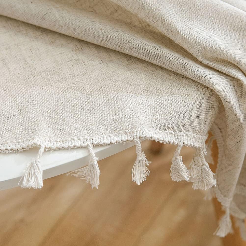 Aothpher Solid Color Round Tablecloth with Tassels Cotton Linen Table Cover for Kitchen Dining Farmhouse Tabletop Decoration (Round 60 Inch, Neutral)