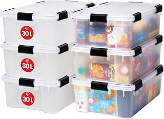 Iris Ohyama Airtight Plastic Storage Boxes with Lids, 30 L, Set of 6, Clear, Hermetic Waterproof Closure, Heavy Duty Snap Latches, Stackable, Dust Protection, BPA-Free, AT-LS