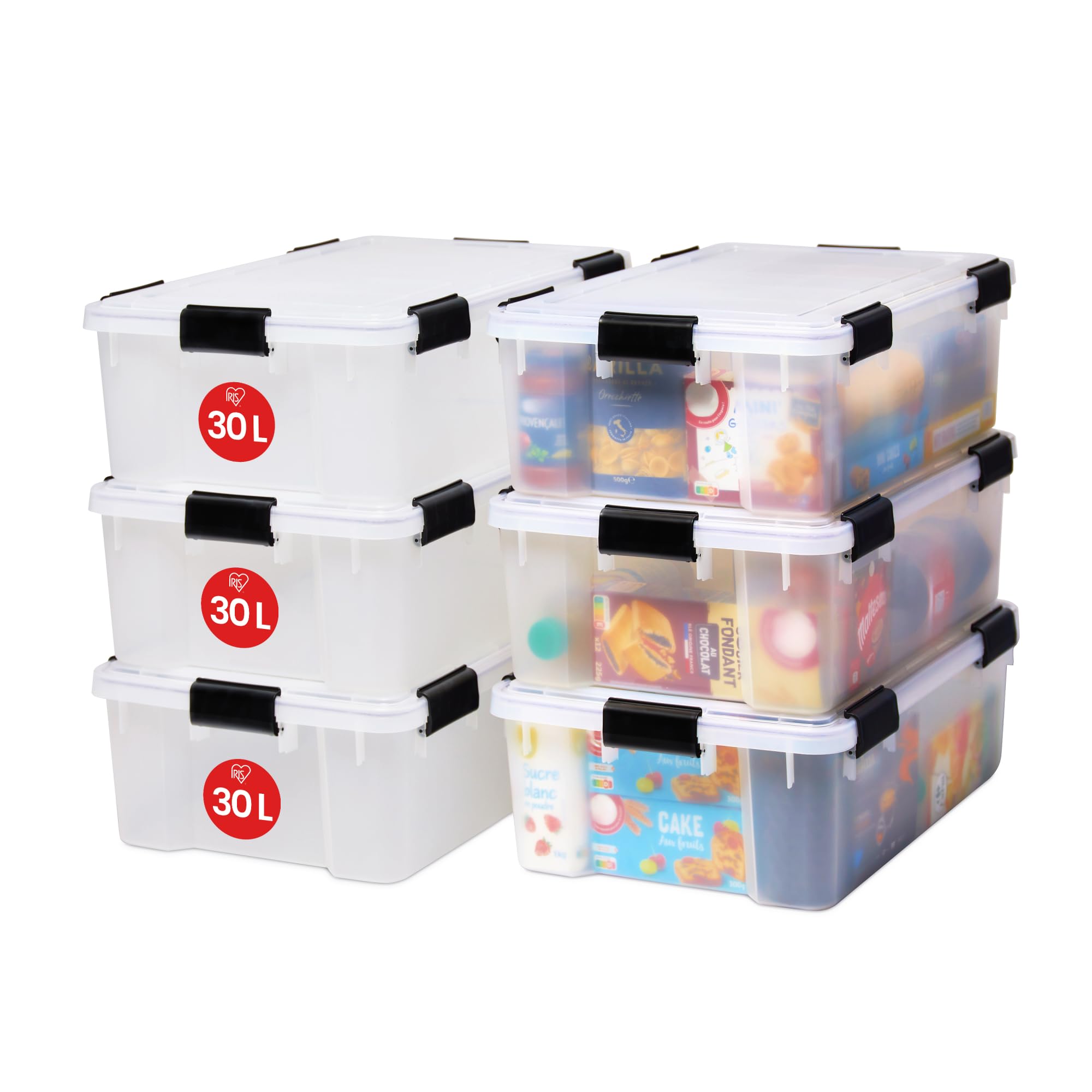 Iris Ohyama Hava geçirmez plastik saklama kutuları, kapaklı, 30 l, 6'lı set, şeffaf, hermetik su geçirmez kilit, sağlam yaylı kilitler, istiflenebilir, toz koruması, BPA içermez, AT-LS