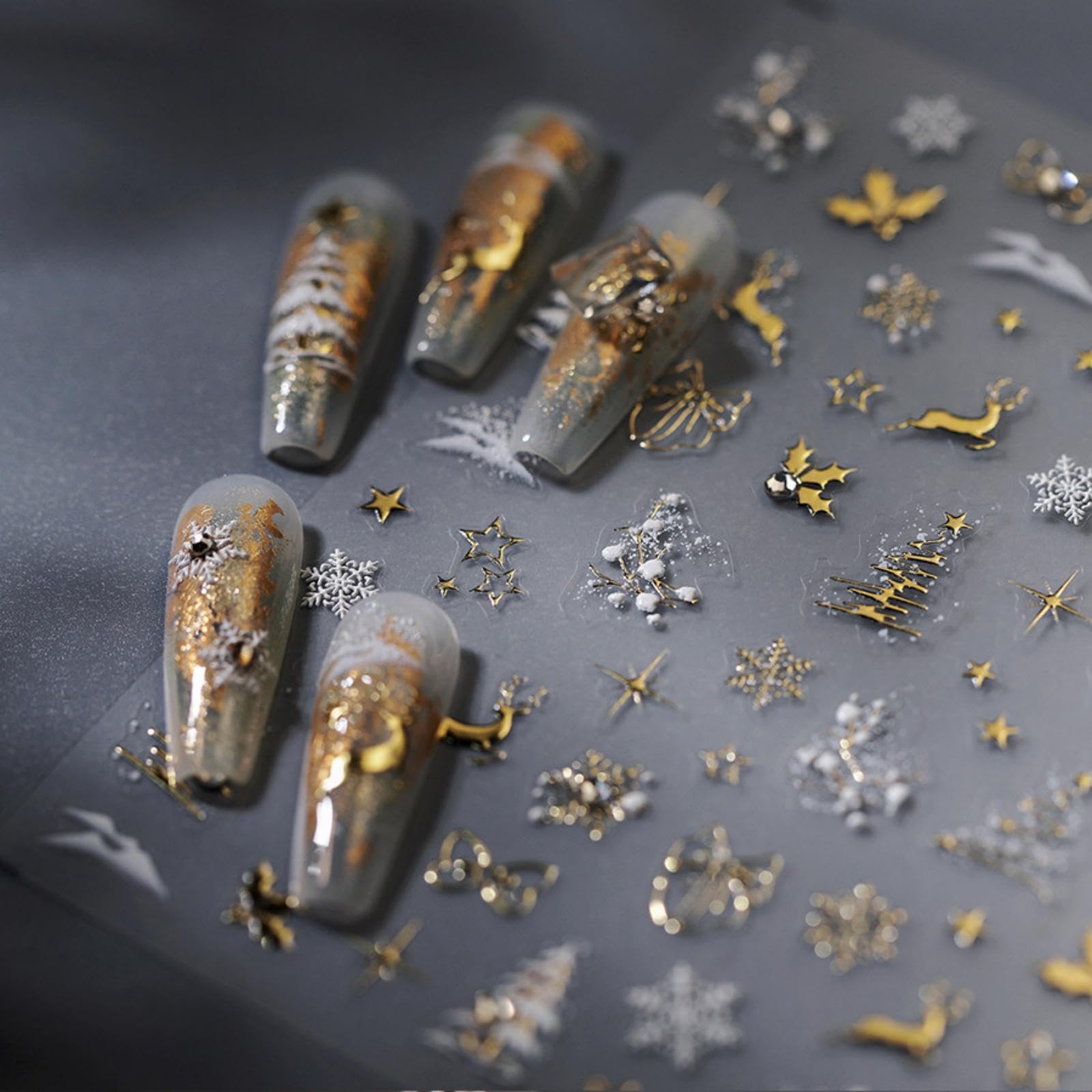 5D Embossed Gold Reindeer Nail Stickers Christmas Nail Art Stickers Snowflake Nails Decals Self Adhesive Holly Christmas Tree Nails Decals Rhinestone with Design for Women Manicure Supply