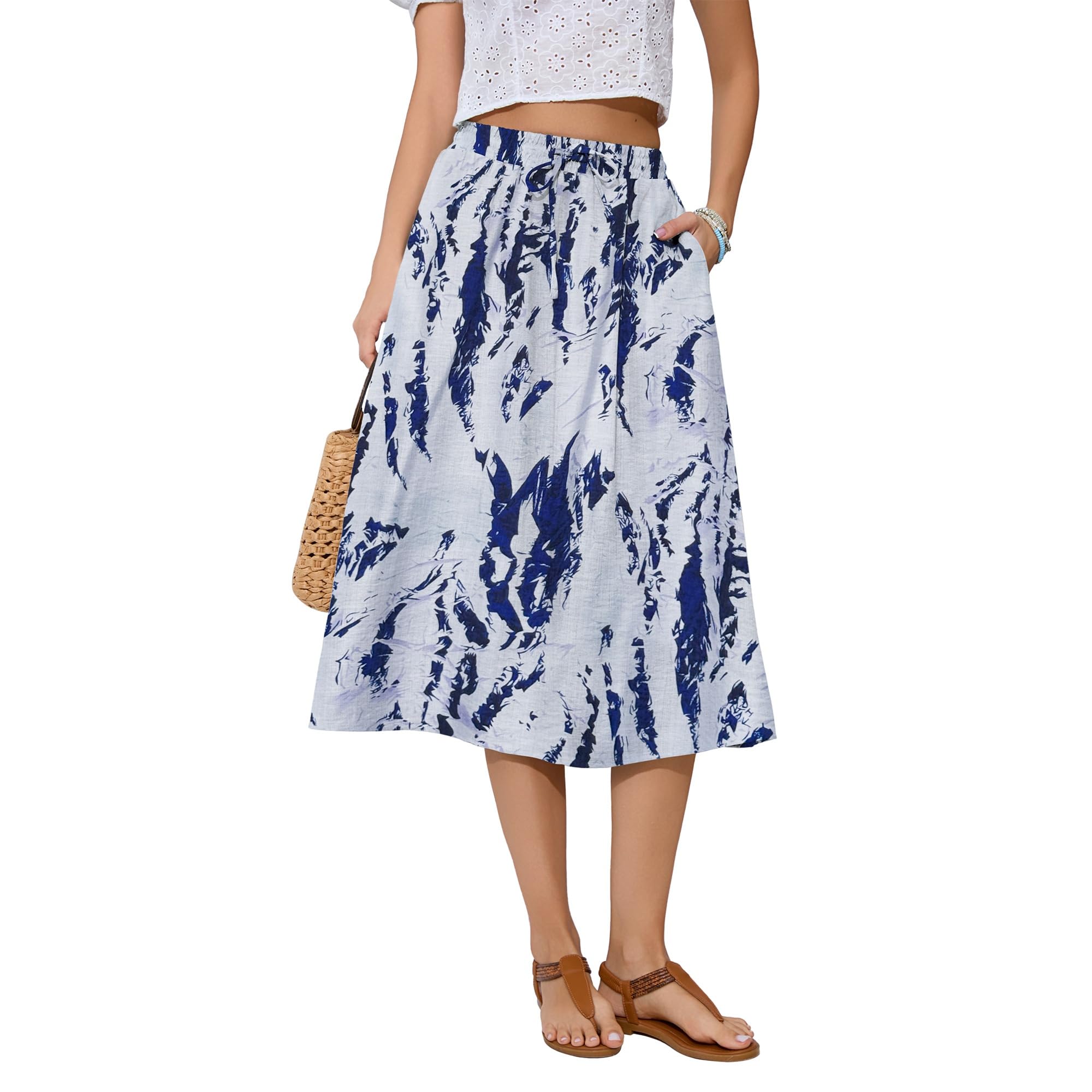 Witsmile Women's Summer Boho High Waist Pleated Flowy Midi Skirt