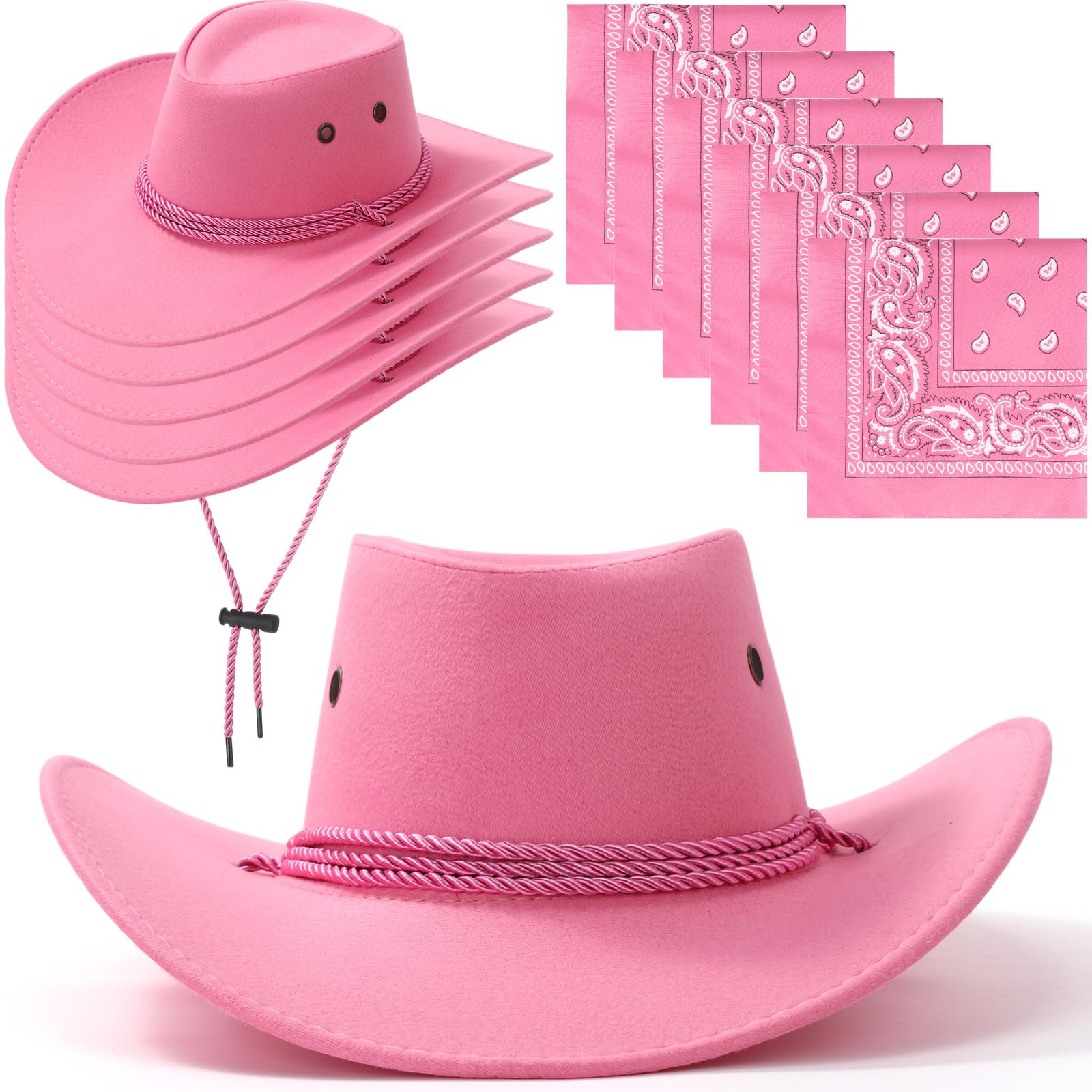 Zhanmai 12 Pcs Cowboy Hat and Bandana Cowboy Cowgirl Hats Bulk Western Party Costume Halloween Accessory (Polyester,Pink)