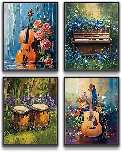 Arte de pared con música retro, impresión en lienzo botánico de acuarela, instrumento musical y impresión de flores, póster de música rock para sala