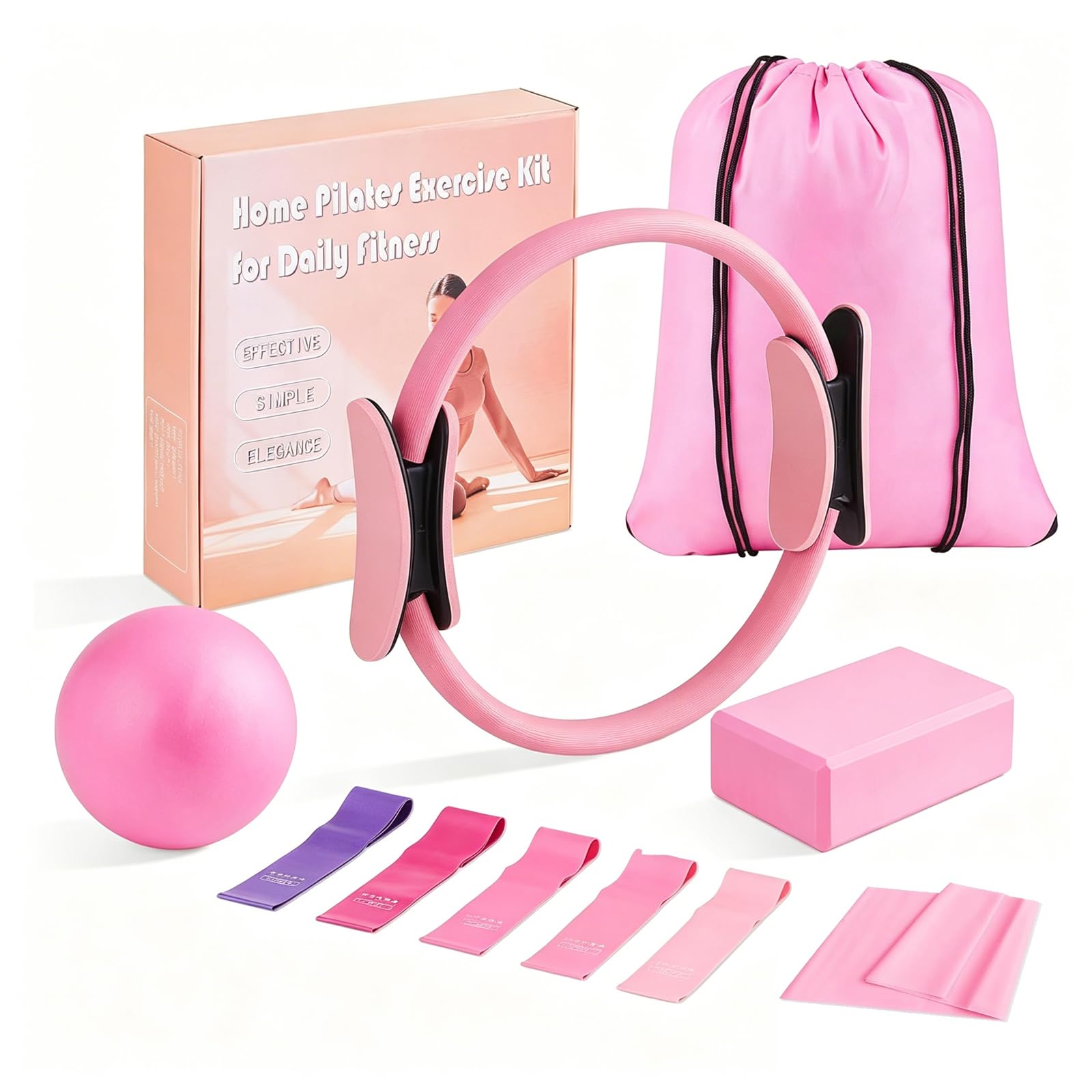 Nihaoya Pink Pilates Ring and Ball Set of 10 pcs Exerciser Pilates Acessories Blocks Women Yoga Circle Workouts at Home