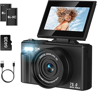 Digital Camera, LAMA 5K 75MP Autofocus Vlogging Camera with 64G SD Card, Compact Camera with 3.0 Inch 180° Flip Screen, 18X Digital Zoom Cameras for Kids, Teenagers, Beginners, Adults Black