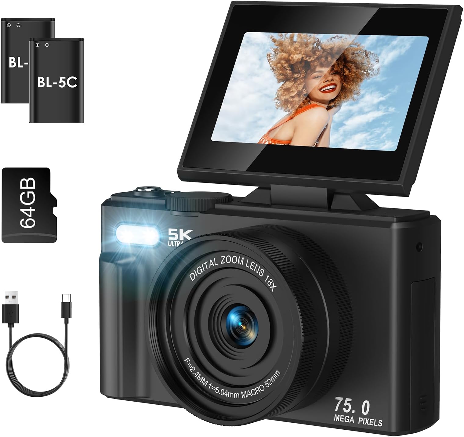 Digital Camera, LAMA 5K 75MP Autofocus Vlogging Camera with 64G SD Card, Compact Camera with 3.0 Inch 180° Flip Screen, 18X Digital Zoom Cameras for Kids, Teenagers, Beginners, Adults Black