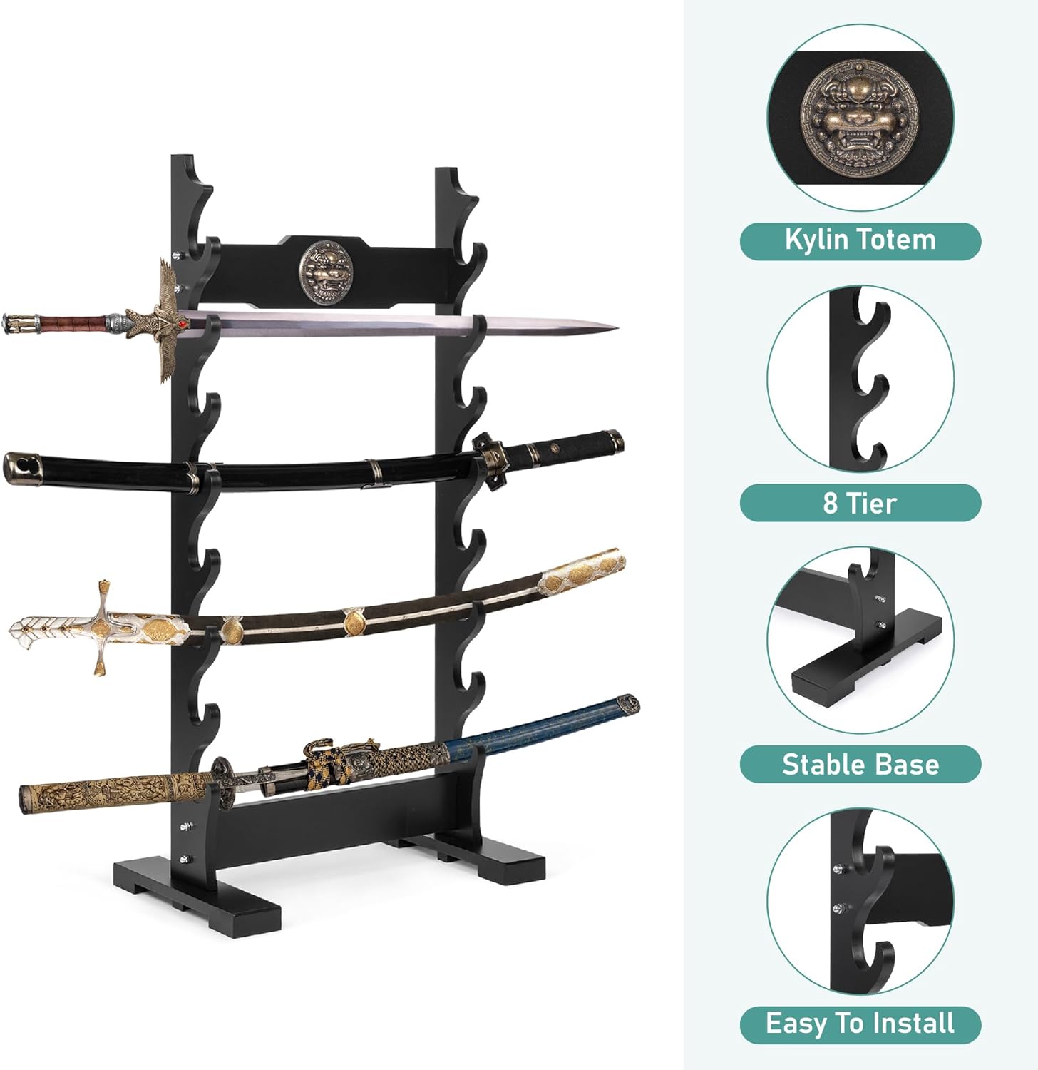 lukar Kylin 8 Tier Sword Rack Floor Standing, Multilayer Katana Stand Floor, Wooden Sword Display Stand Floor, Japanese Samurai Sword Holder