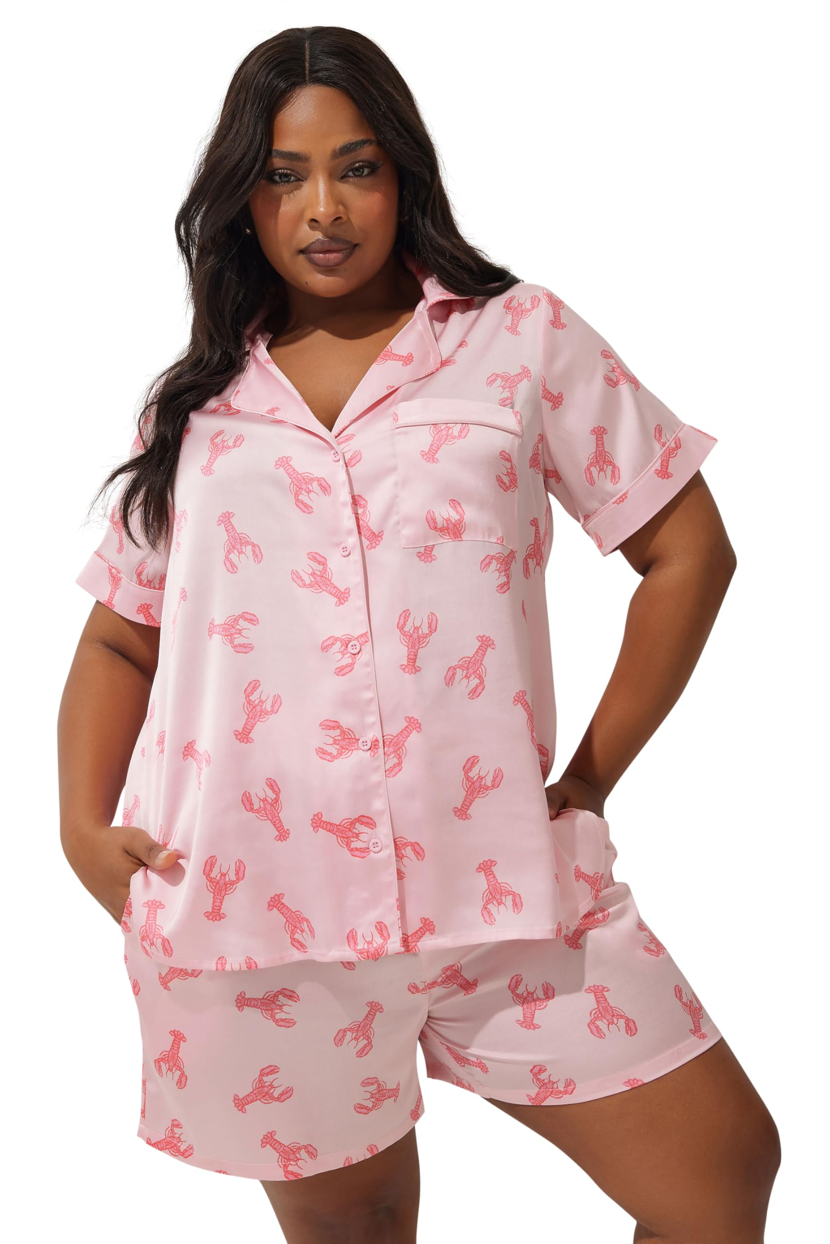 Yours Women's Pink Lobster Satin Pyjama Set In | Size: 20