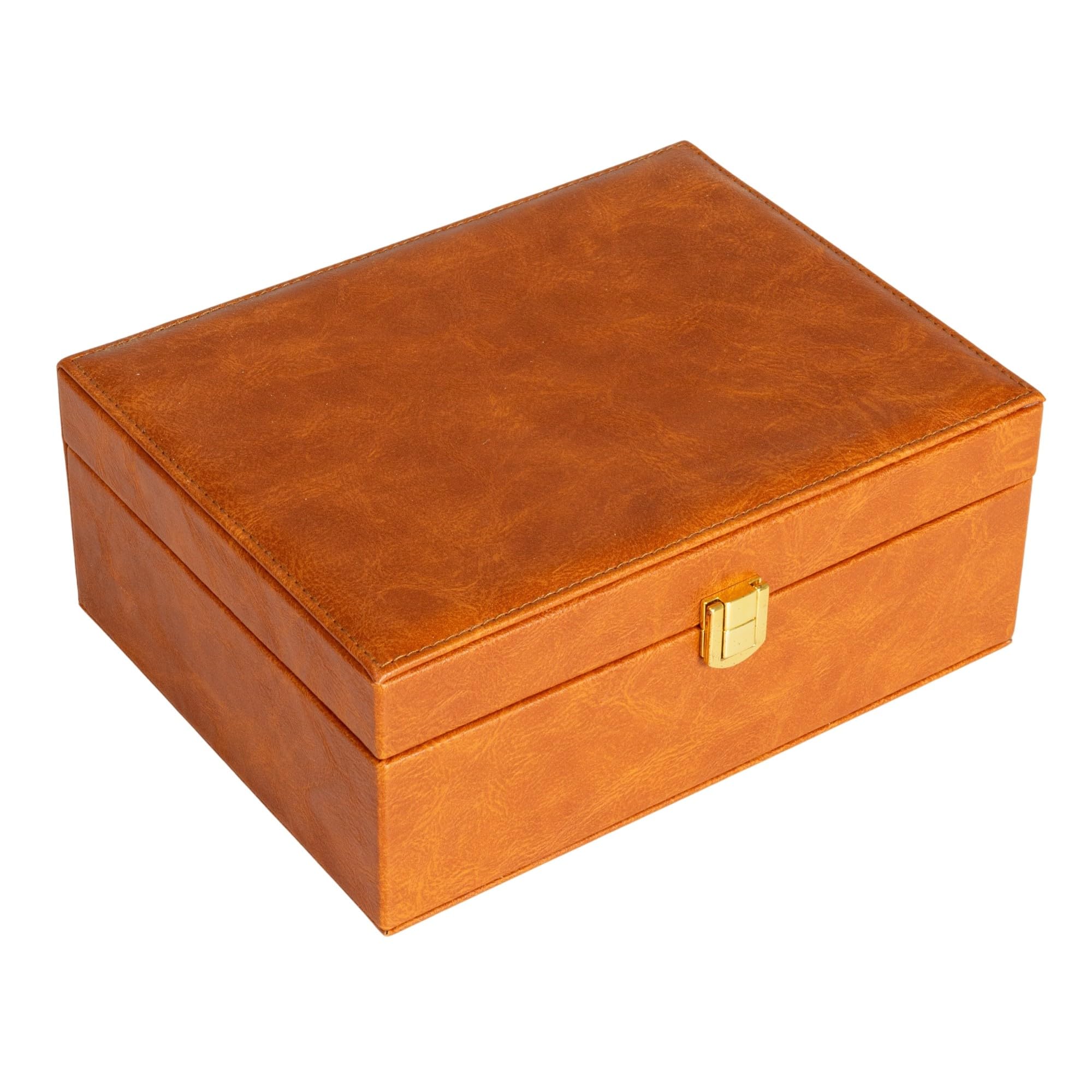 Boîte à bijoux cuir végétalien coffret de rangement caramel organiseur double niveau