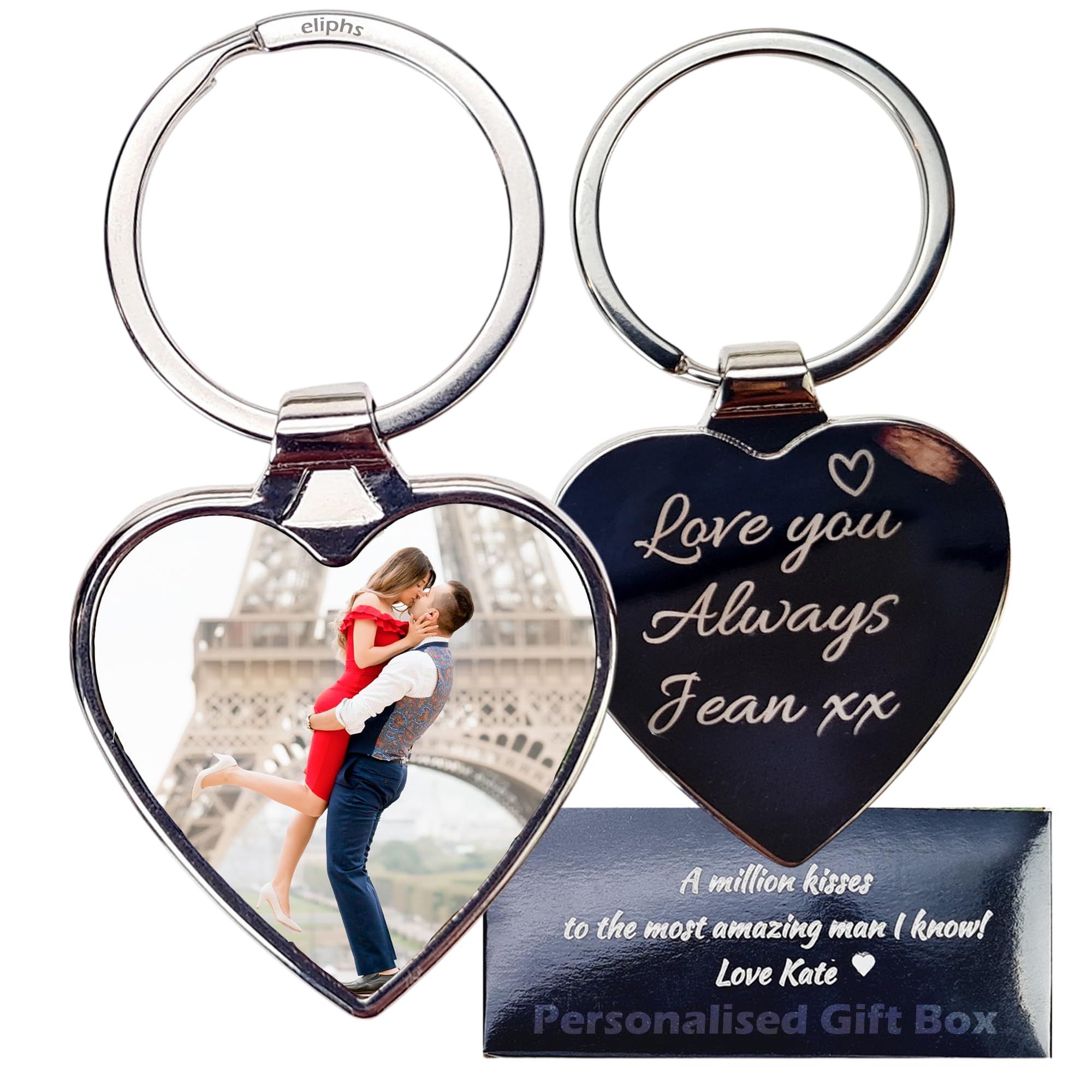 Eliphs Unisex Love Heart Keyring Personalised Photo Heart Keyring, Custom Picture Printed Message Engraved Valentines Keychain, Keepsake For Him, Her, Valentines, Memorial, Anniversary, Birthday, Couple Gift (Love Heart Keyring)