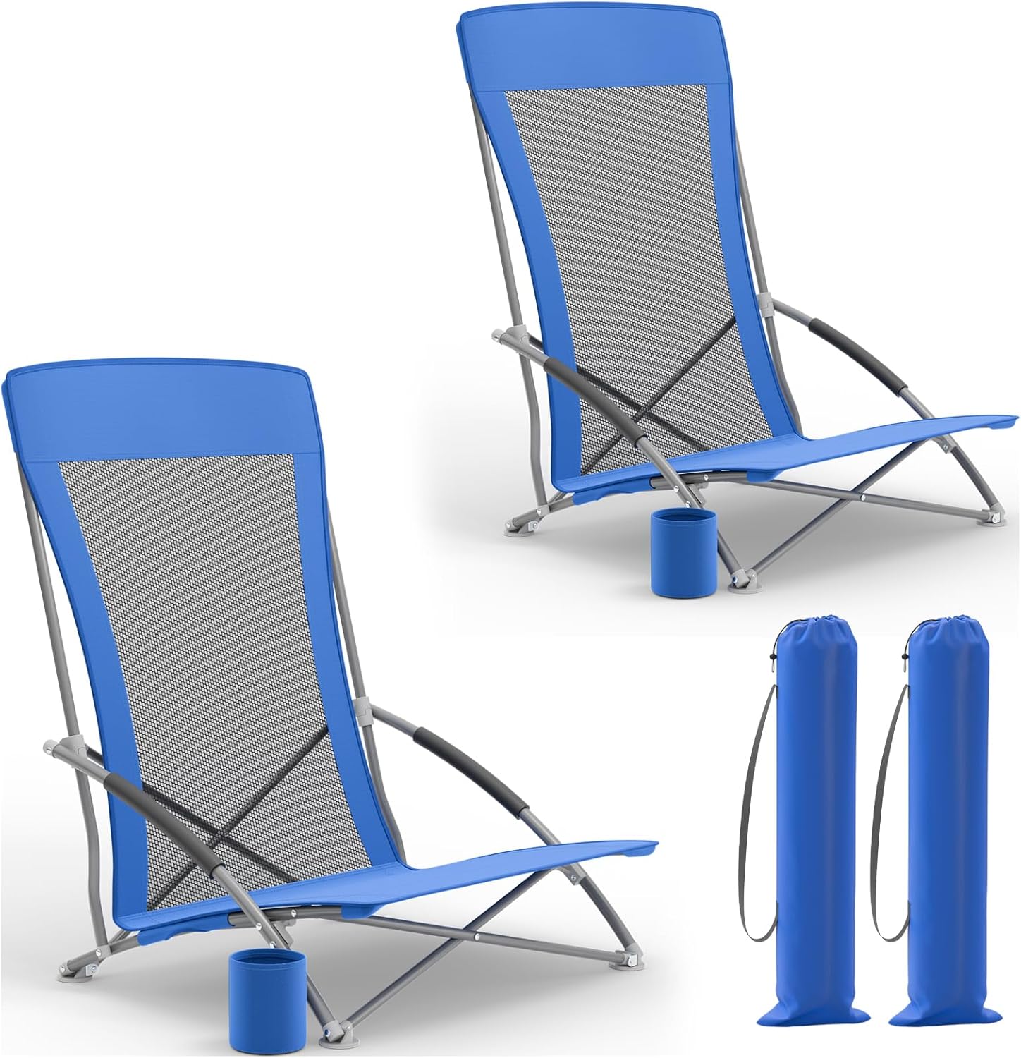 Folding Portable Beach Chair for Adults, Lightweight Camping Chair with High Back and Storage Bag, Heavy Duty Travel Outdoor Folding Chair for Beach & Picnic(2 Pack, Blue)