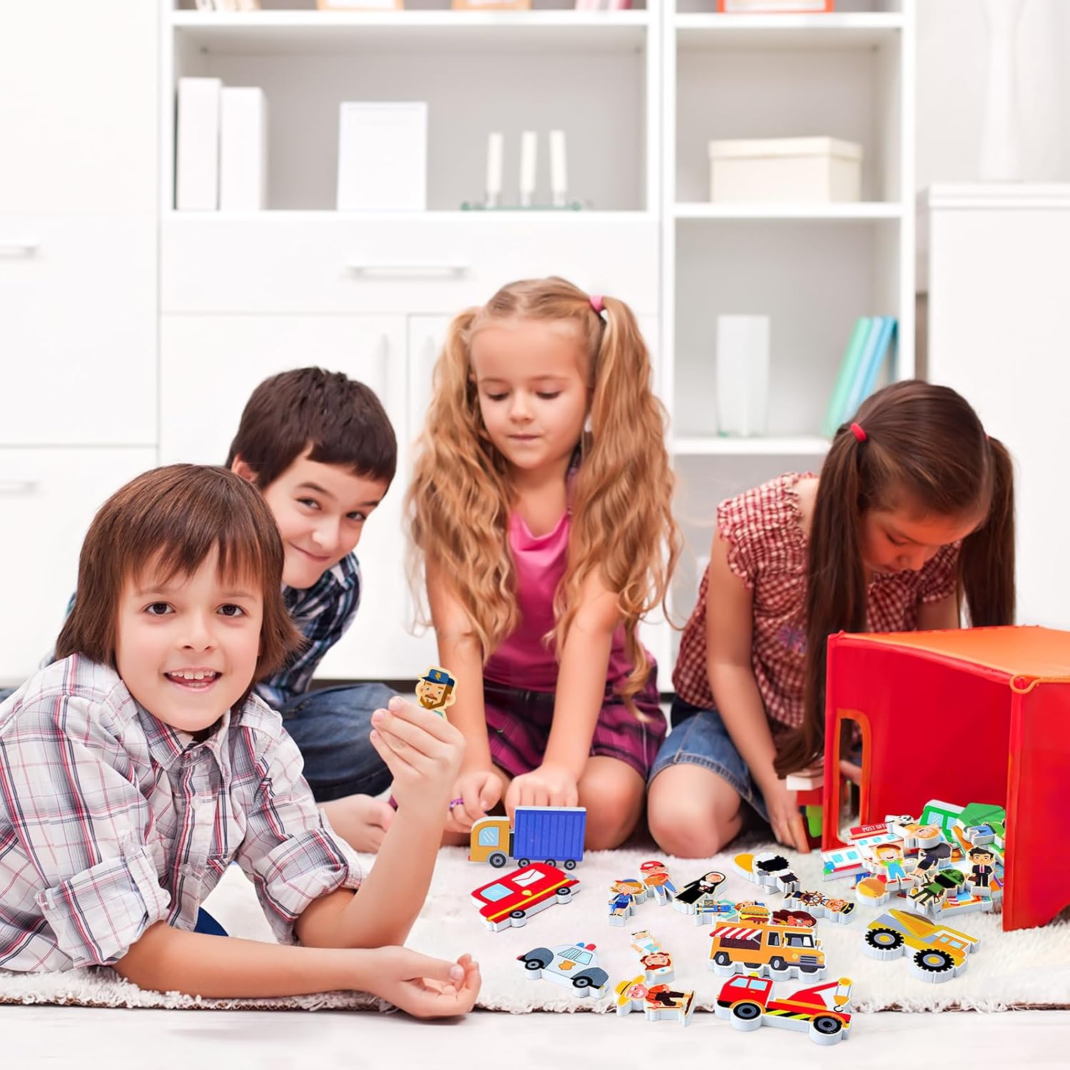 Gemscream 50 Pcs Wooden Community Helpers Play Set Community Includes Little Wooden People Buildings Cars Multicultural Figurines Toy Preschool Little Professionals Block Character(Stylish)