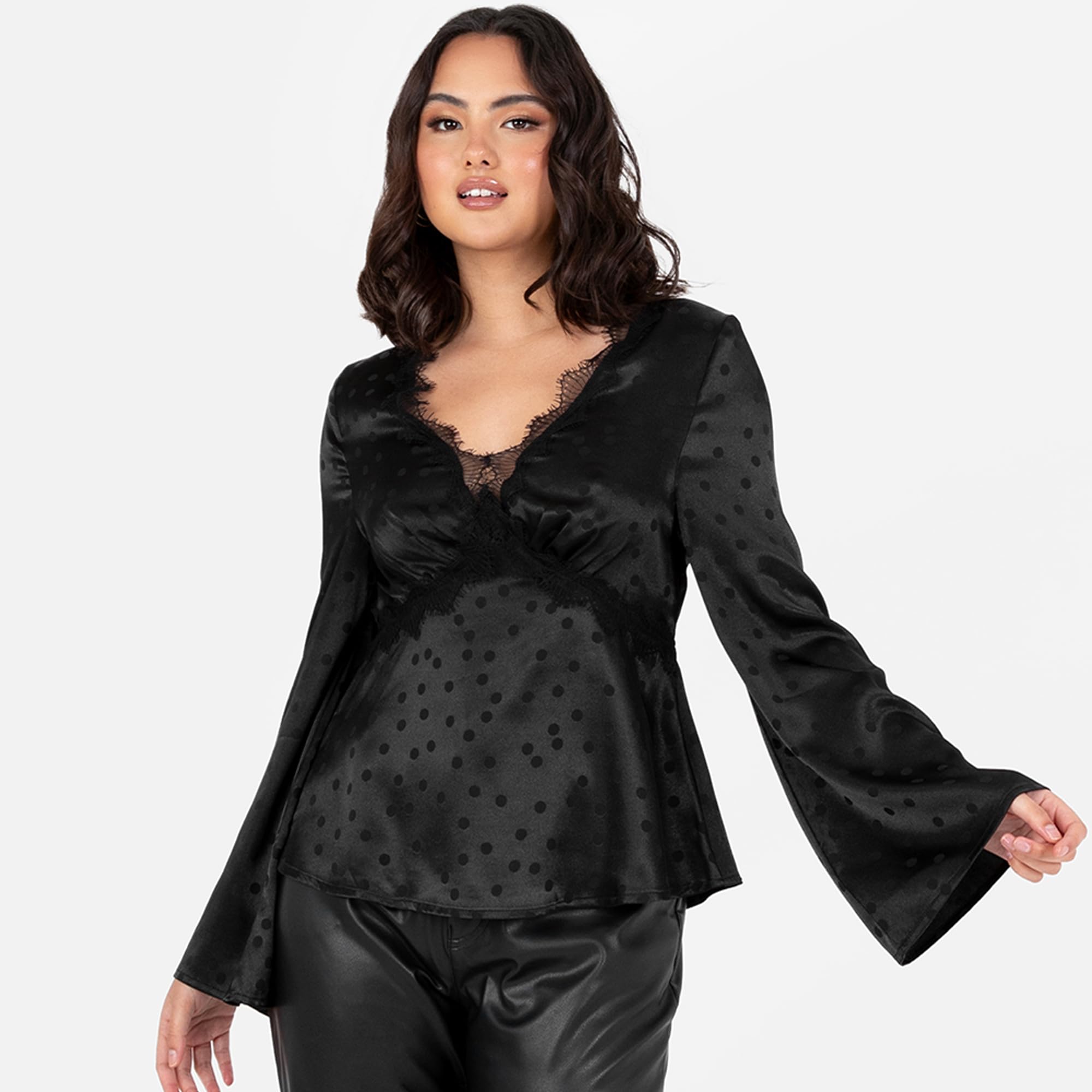 Lovedrobe Women's Satin Top Ladies Blouse Long Bell Sleeve V-Neck Peplum Polka Dot Print Lace Trim Smart Casual Office Wear Party Femme