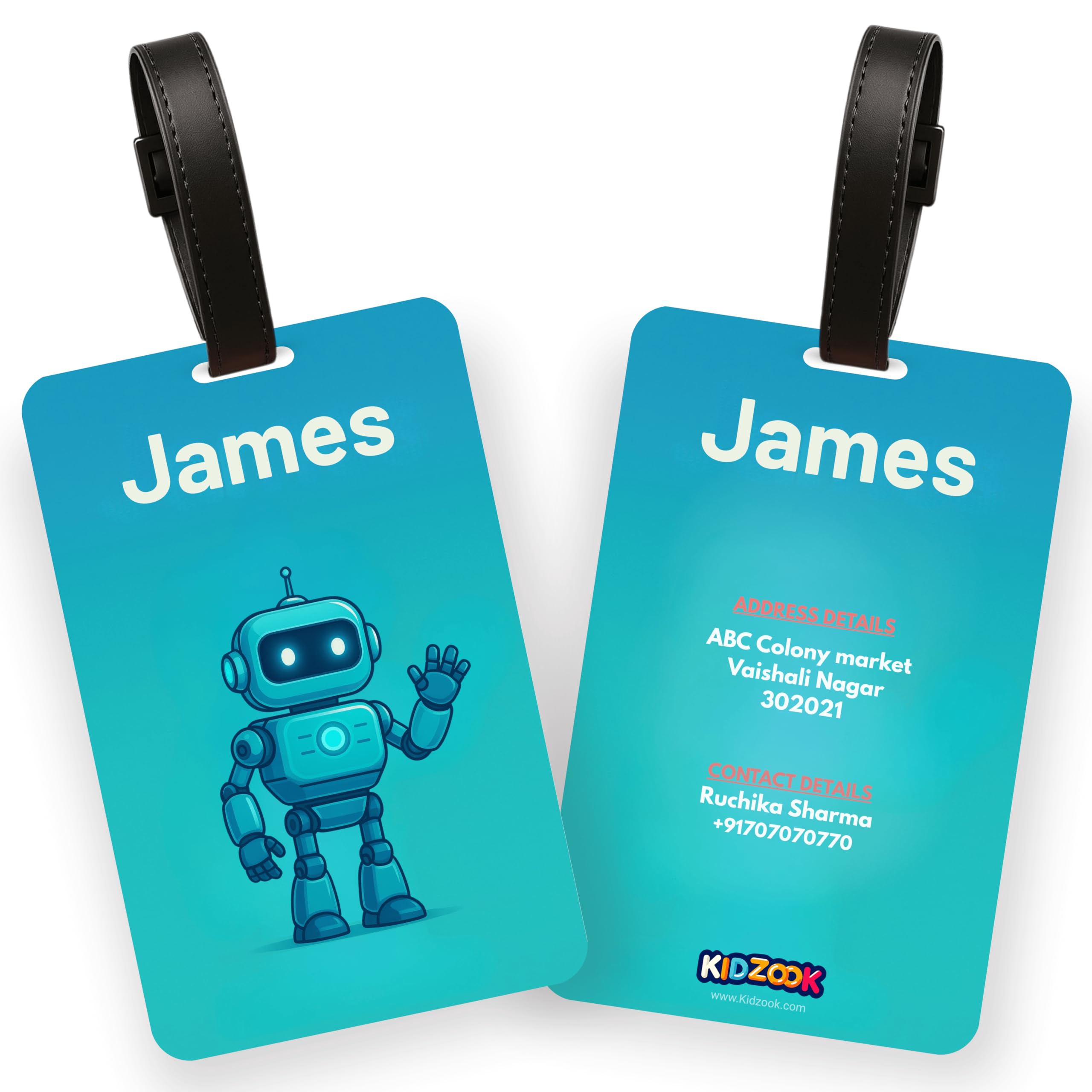 Kidzook Personalized Name Bag Tag | Custom Luggage Tag for Kids & Adults – PVC Luggage Tag for Travel, School, Office, Camping | Robo Theme Design with Silicone Strap (Pack of 1)-image-19