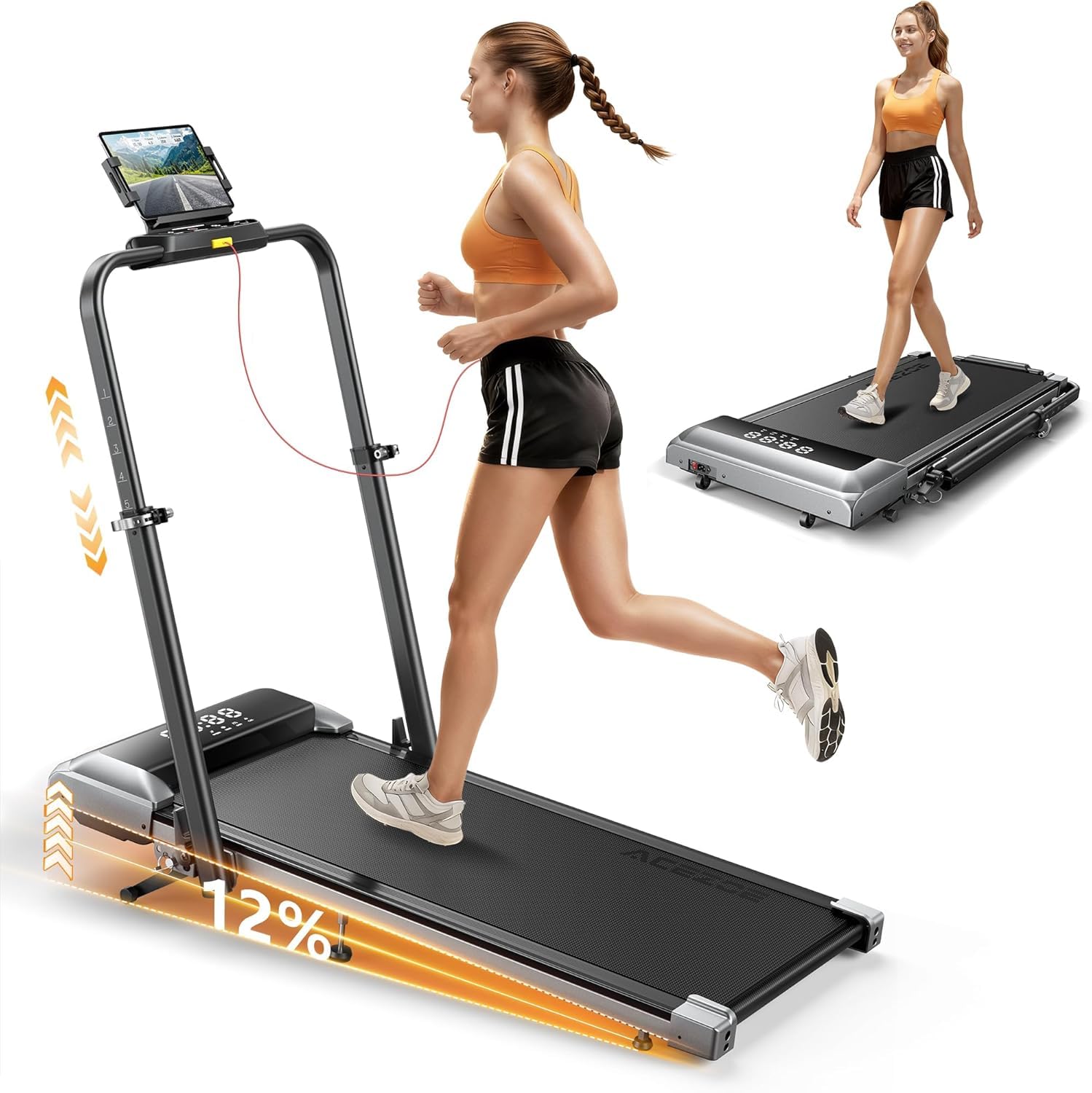 laufband für zuhause mit Neigung, 5 IN 1 Walking Pad mit 12% Steigung, 2.5HP Klappbar Laufband für Zuhause & Büro,2-LED-Anzeige,Bis 136kg Belastbar,Keine Installation