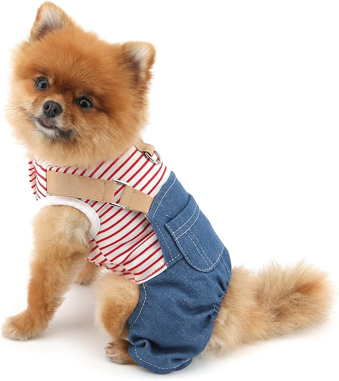 Overol de mezclilla para perros PAIDEFUL, talla M, rojo, con argolla miniatura 3