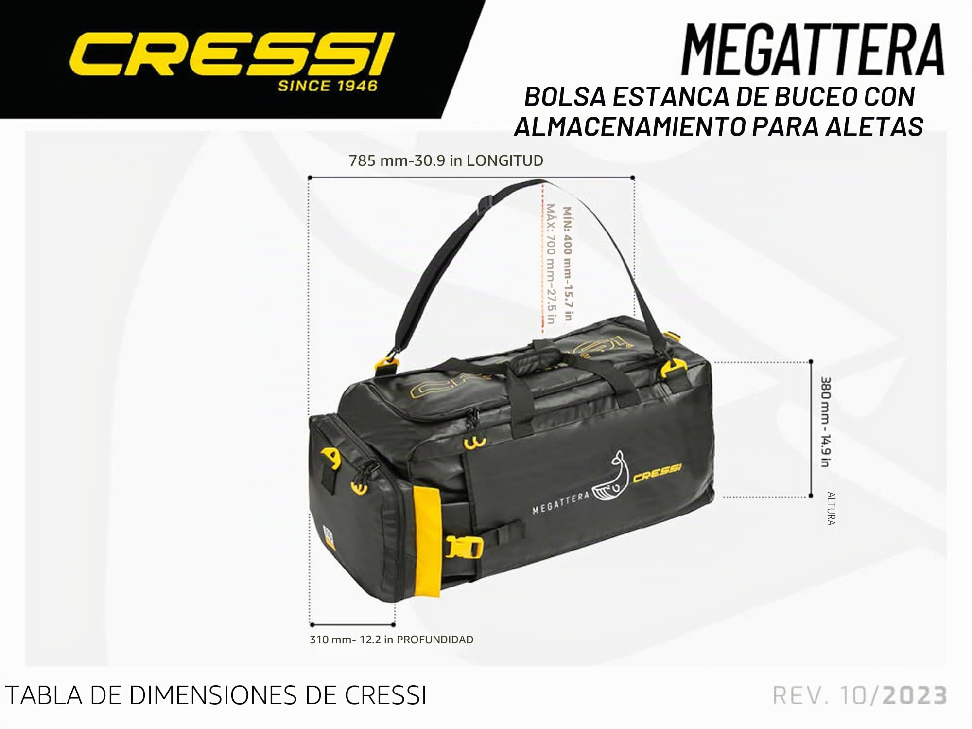 Cressi Megattera Bolsa de Buceo Impermeable en Tarpaulin 500D con Compartimento para Aletas y Bolsillos para Equipo de Buceo, Bolsa Estanca para Buceo, Snorkel, Apnea, Mar y Piscina